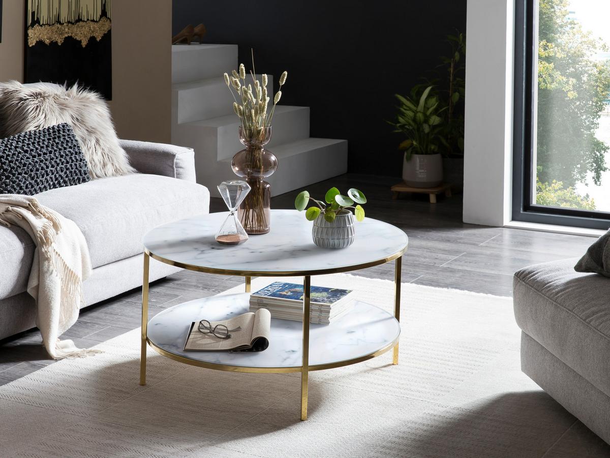 Couchtisch Weiß/goldfarben D: 80 Cm - Goldfarben/Weiß, Design, Glas/Metall (80/80/45cm) - Livetastic