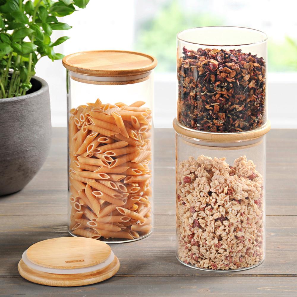 Vorratsdosen 3er-set Versch. Größen Stapelbar - Braun, MODERN, Glas/Holz (10/20cm) - Kesper