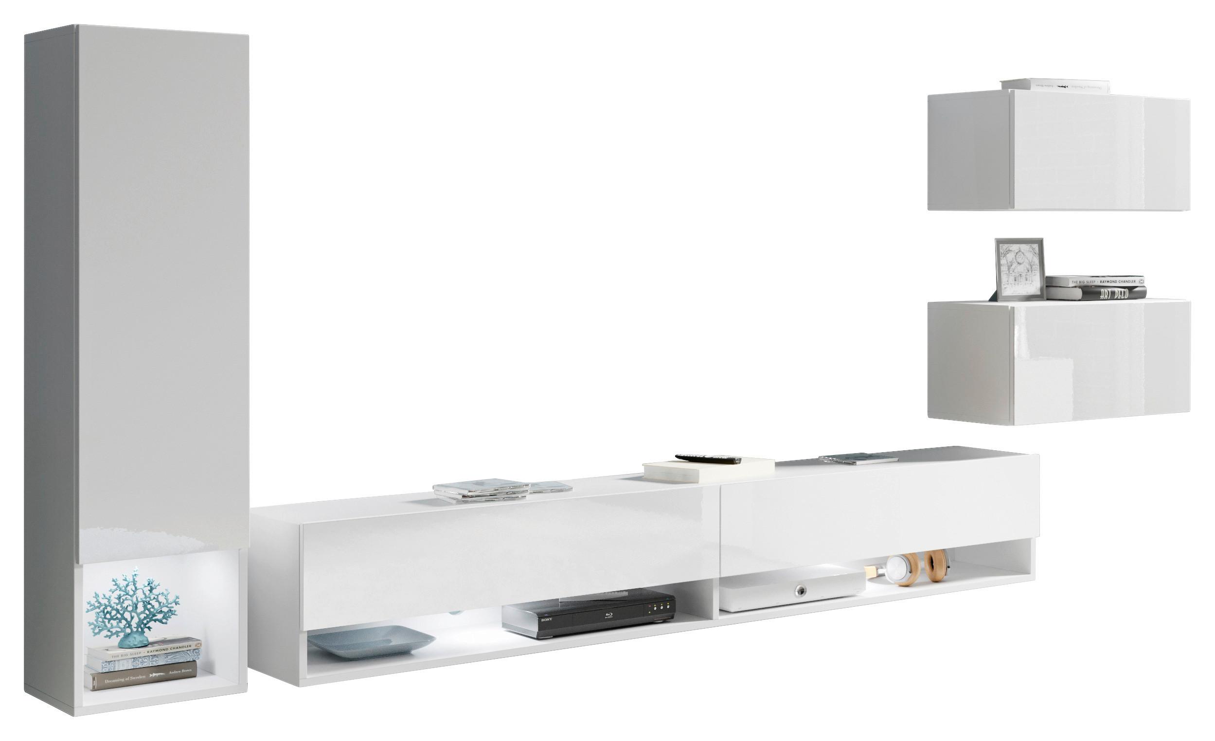 Obývacia stena 4- dielna, s LED osvetlením - biela/biela s vysokým leskom, Lifestyle, kompozitné drevo (270/130/32,5cm) - P & B