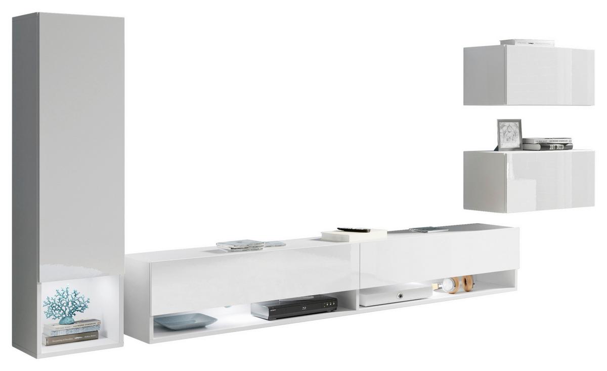 Obývací stěna 4 dílna, s LED osvětlením - bílá/vysoce lesklá bílá, Lifestyle, kompozitní dřevo (270/130/32,5cm) - P & B