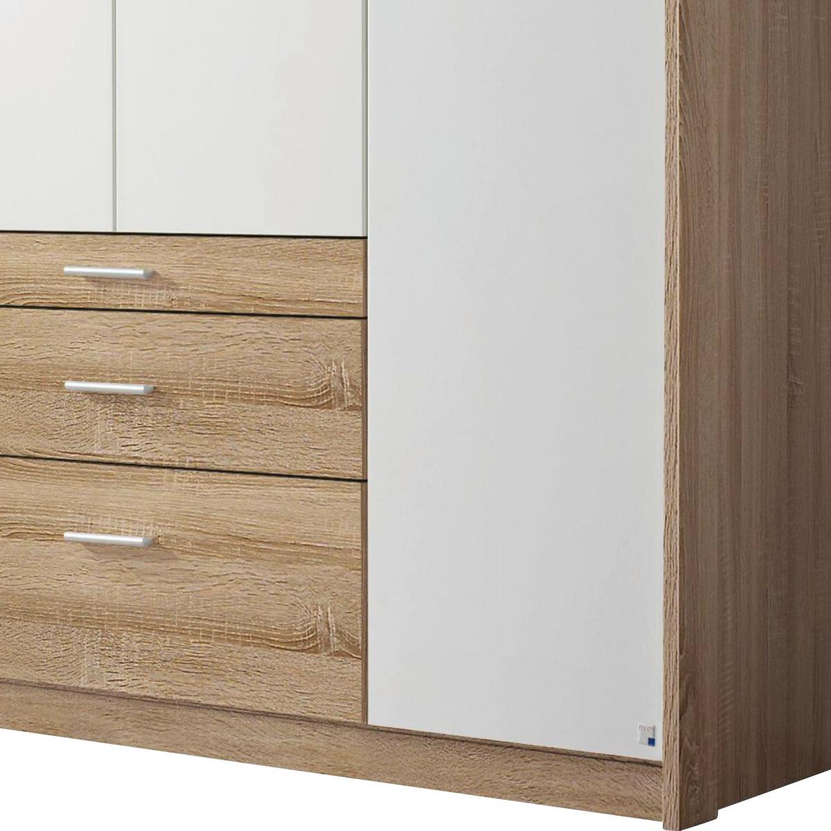 Drehtürenschrank mit Laden 185cm Hildesheim, Weiß/Eiche - Weiß/Sonoma Eiche, Design, Holzwerkstoff (185/231/56cm) - Rauch Möbel