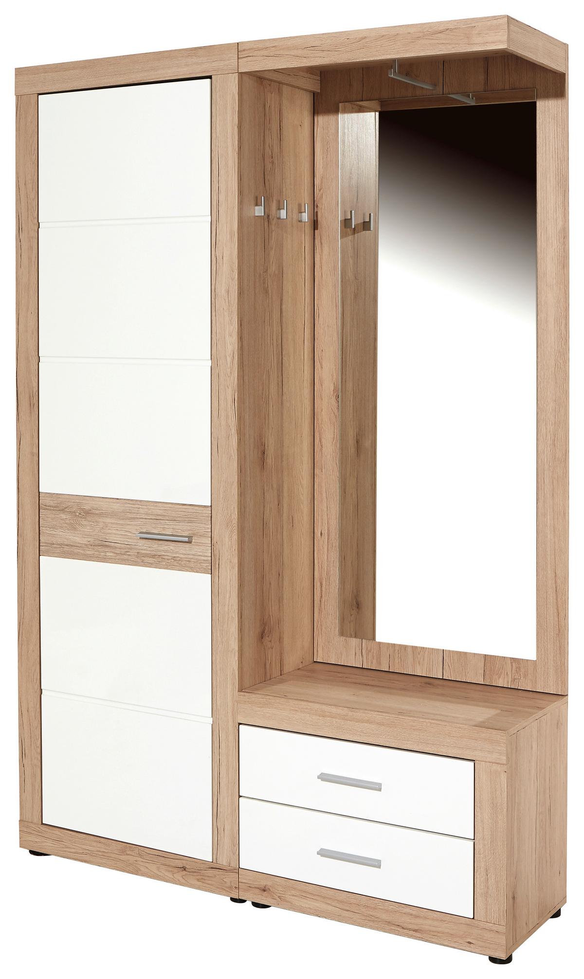 Šatna MALTA - bílá/barvy dubu, Moderní, kompozitní dřevo (130/197/36cm)