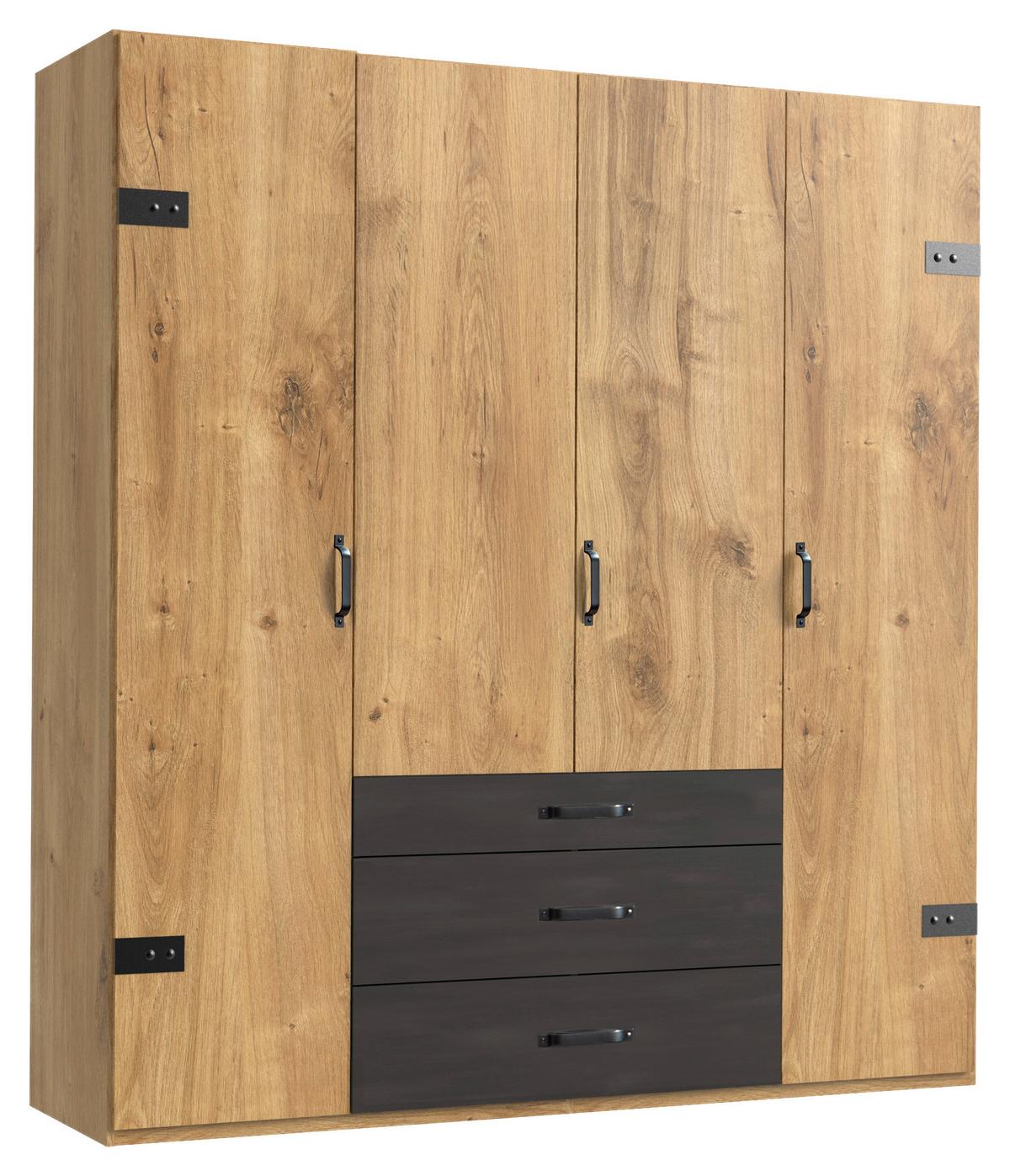 Drehtürenschrank mit Laden 200cm Detroit, Eiche/Graphit - Eichefarben/Graphitfarben, Basics, Holzwerkstoff (200/216/58cm) - MID.YOU