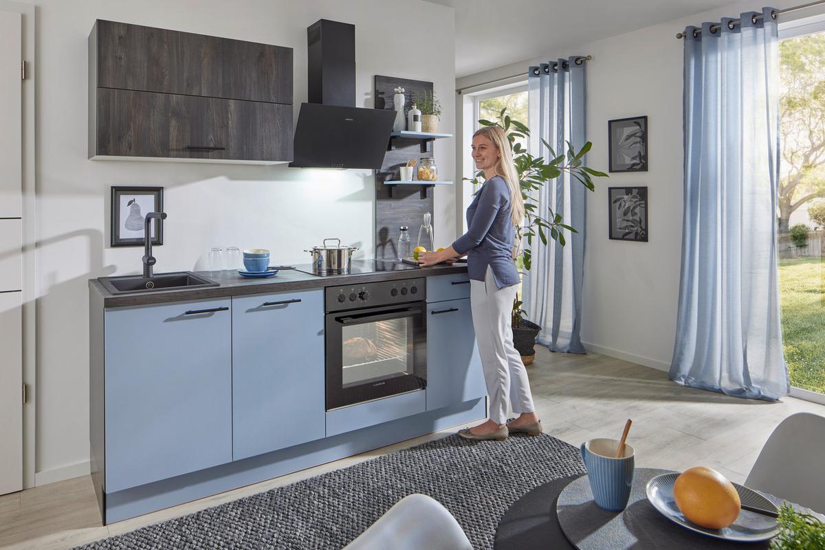 Küchenblock Pn105 / Pn100 - Eiche dunkel/Pastellblau, Basics, Holzwerkstoff (205cm) - Pino