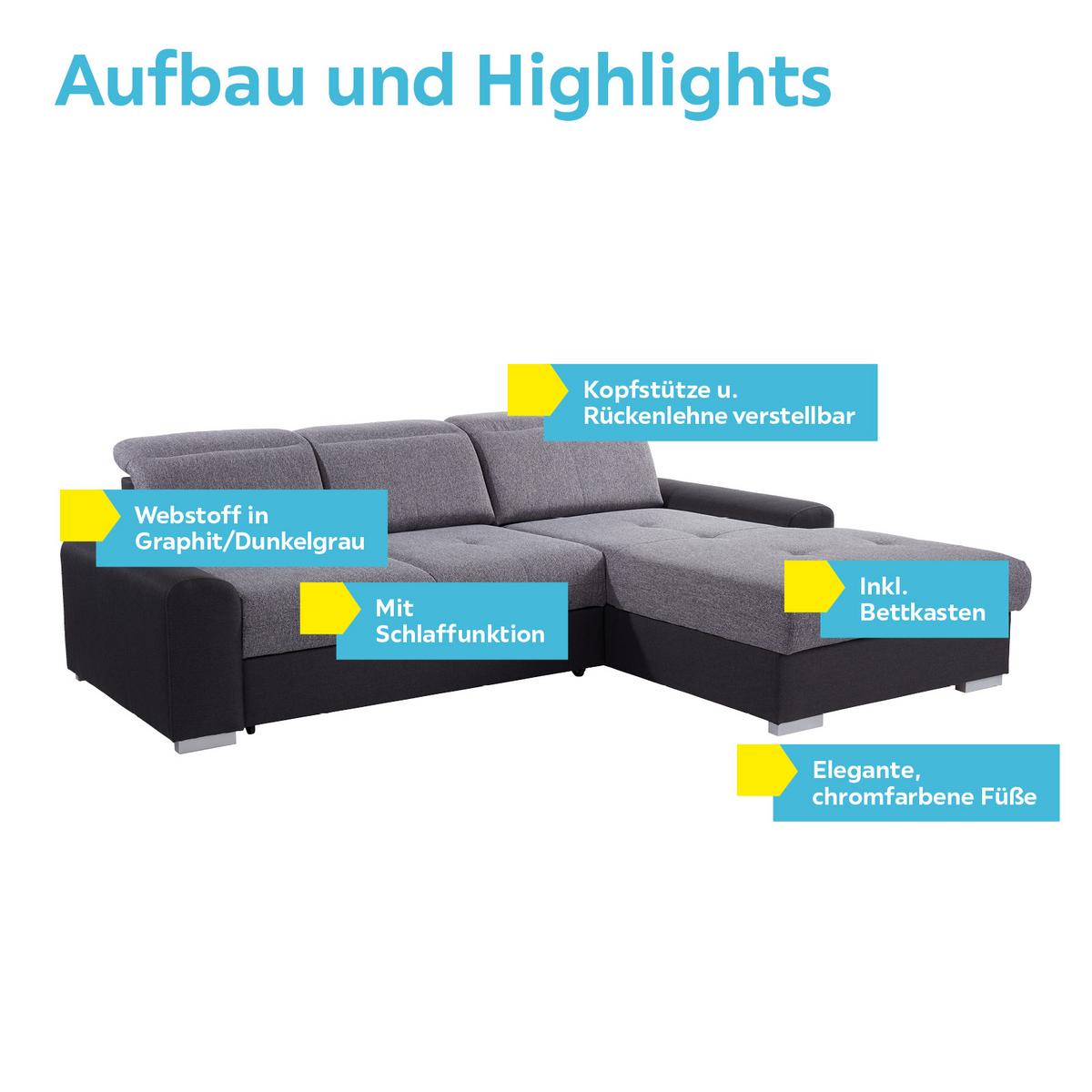 Ecksofa mit Schlaffunktion + Bettkasten Malaga, Webstoff - Silberfarben/Graphitfarben, KONVENTIONELL, Textil (286/203cm) - Ondega