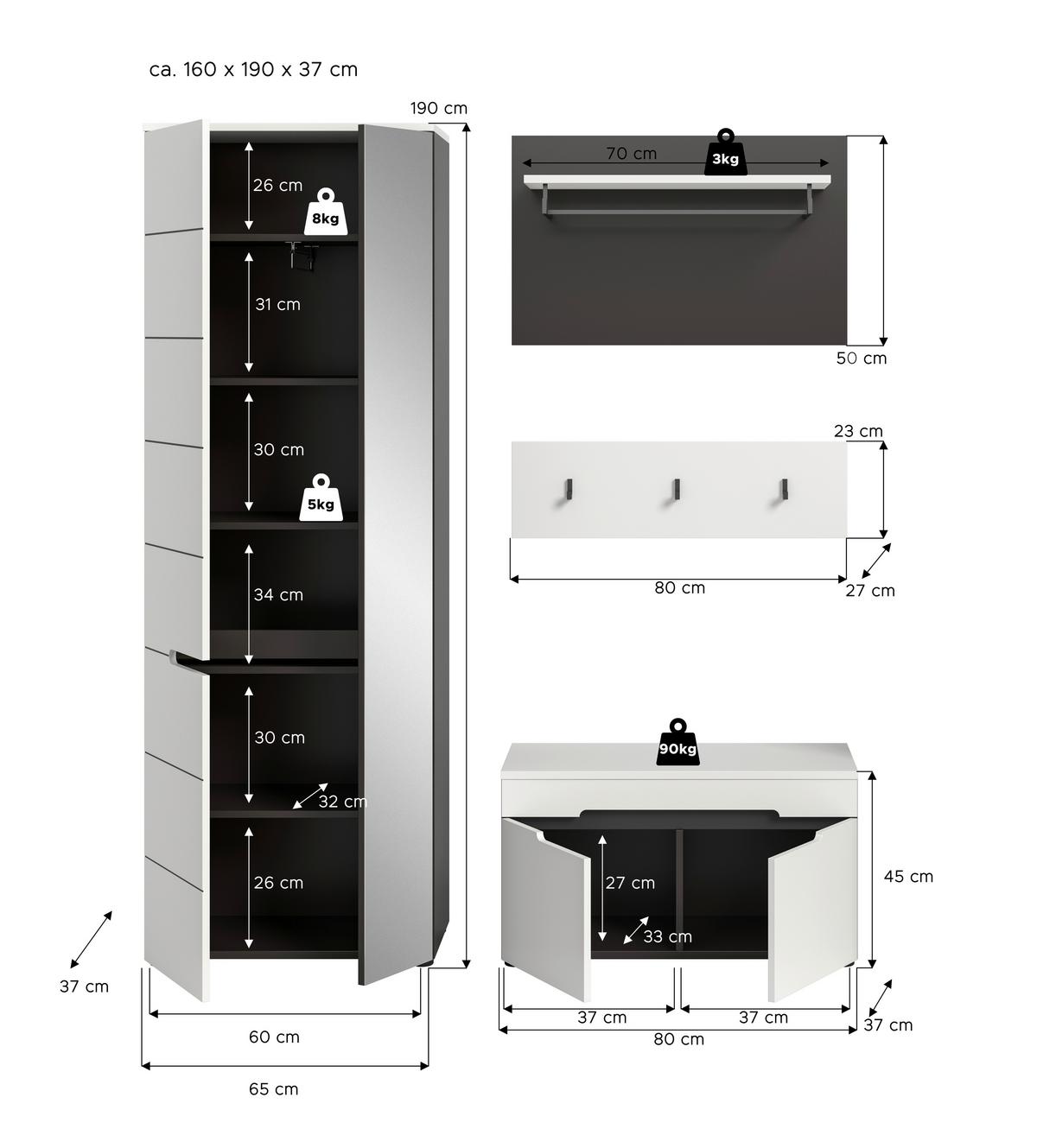Garderobe Canu 3-Teilig Grau/Weiß B: 160 cm - Weiß/Grau, Design, Holzwerkstoff (160/190/37cm) - Livetastic