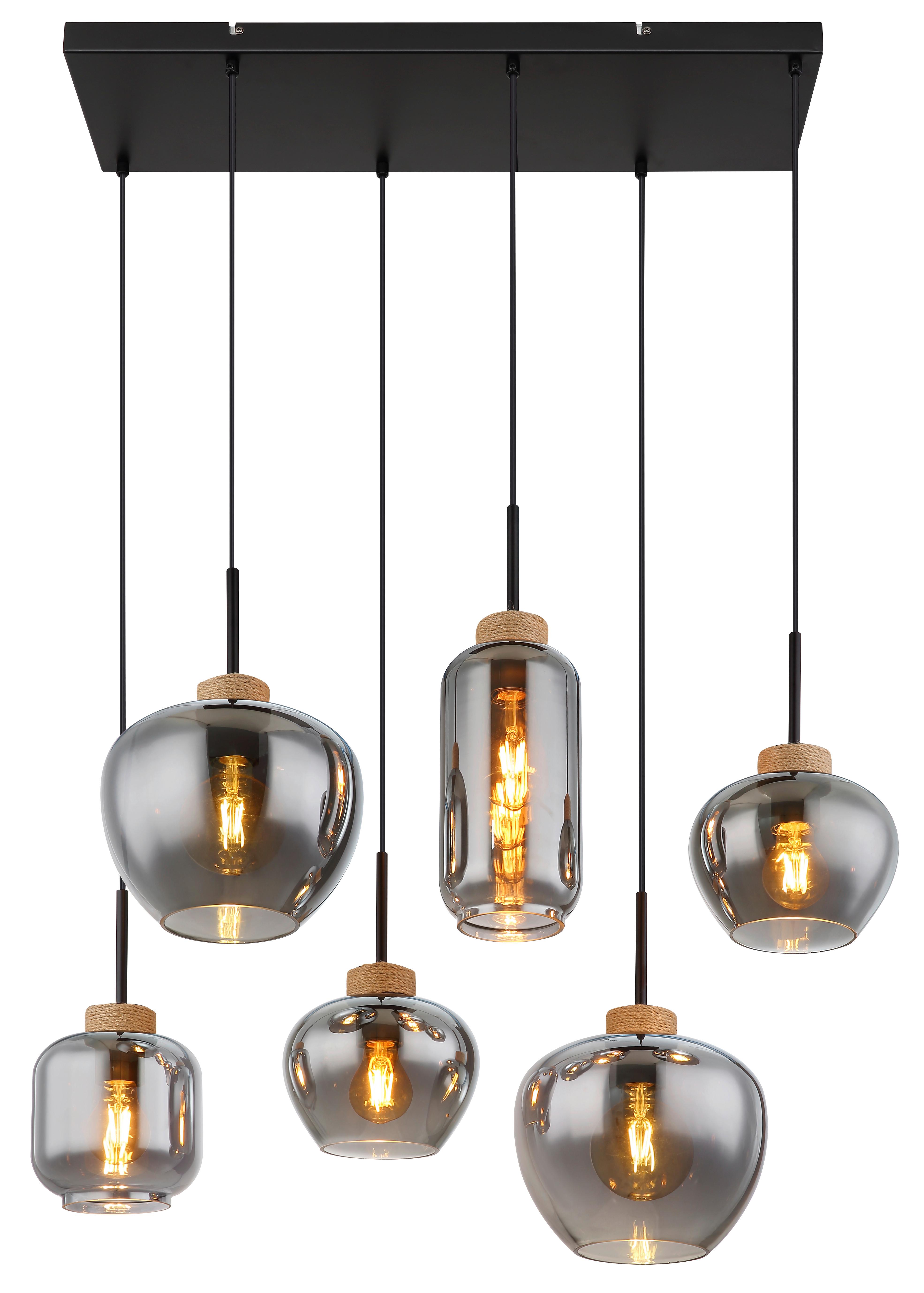 Hängeleuchte 6-Flammig Indoor - Schwarz/Naturfarben, Design, Glas/Textil (80/40/120cm) - Globo