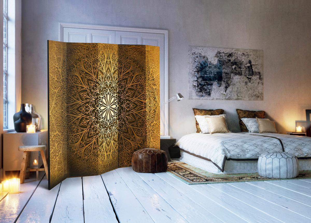 Paravent Braun Goldfarben B: 225 cm - Goldfarben/Braun, Basics, Holz/Textil (225/172/3cm) - artgeist