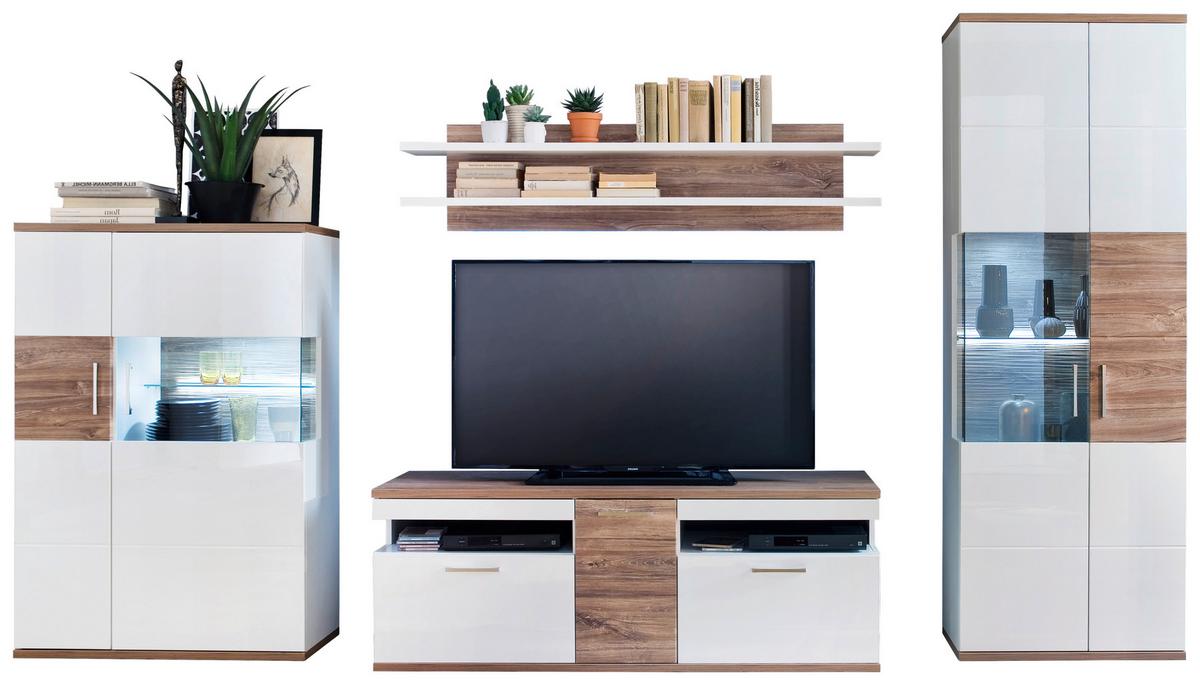 Wohnkombination 4-Tlg. Luzern Weiß/Eichefarben - Eichefarben/Weiß, Design, Glas/Holzwerkstoff (330/199/50cm) - Livetastic