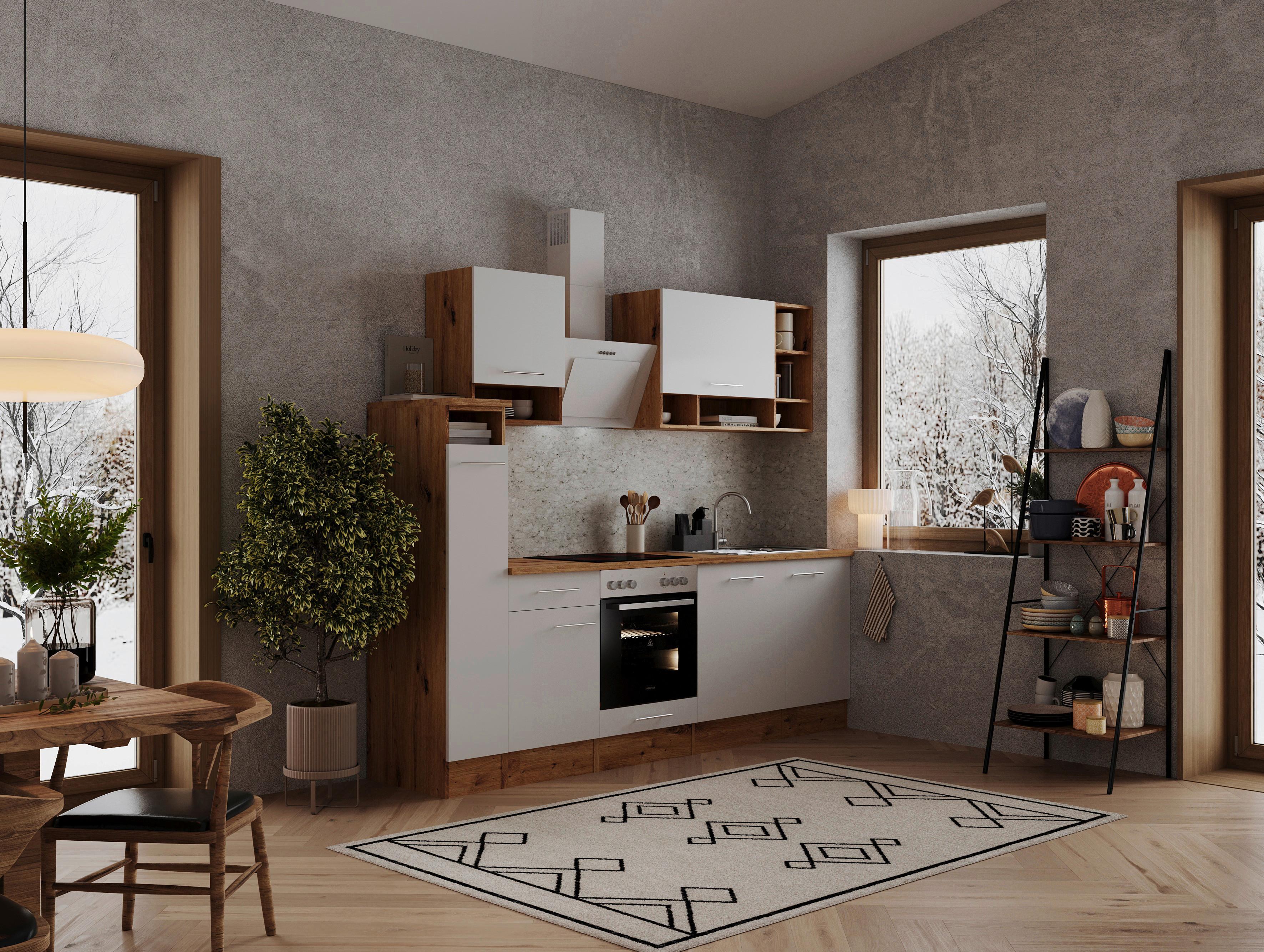 Küchenzeile mit Geräten B: 250 cm Weiß/Eiche Dekor - Eichefarben/Weiß, Basics, Holzwerkstoff (250cm) - Respekta
