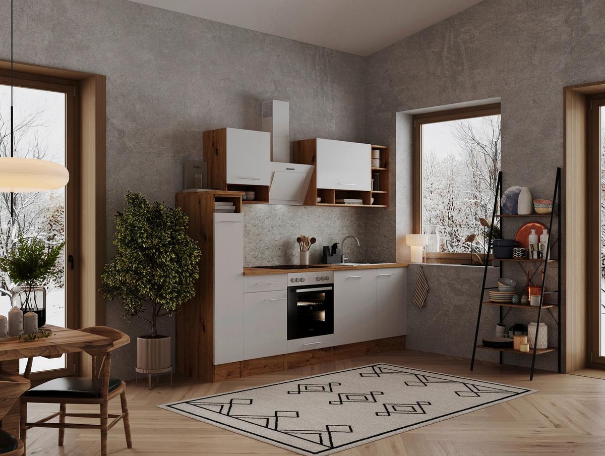 Küchenzeile mit Geräten B: 250 cm Weiß/Eiche Dekor - Eichefarben/Weiß, Basics, Holzwerkstoff (250cm) - Respekta