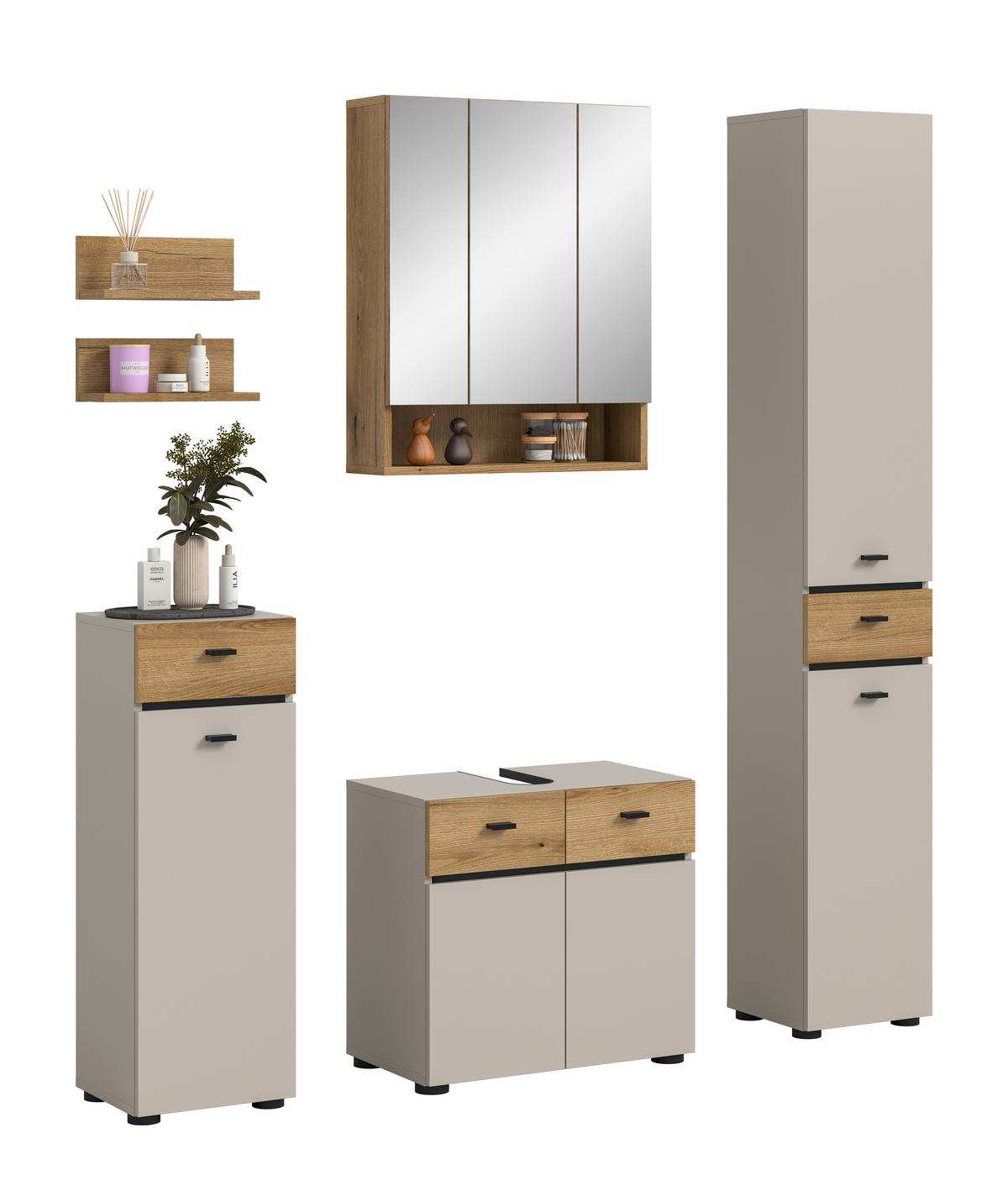 Badezimmer Aqua Kaschmir/Eichefarben B: 124cm - Kaschmir/Eichefarben, Trend, Glas/Holzwerkstoff (124cm) - MID.YOU