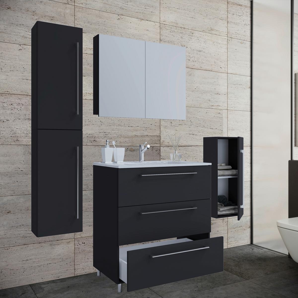 Badezimmer Schubo 5-Teilig Schwarz B: 146 cm - Alufarben/Schwarz, MODERN, Keramik/Holzwerkstoff (146cm) - MID.YOU