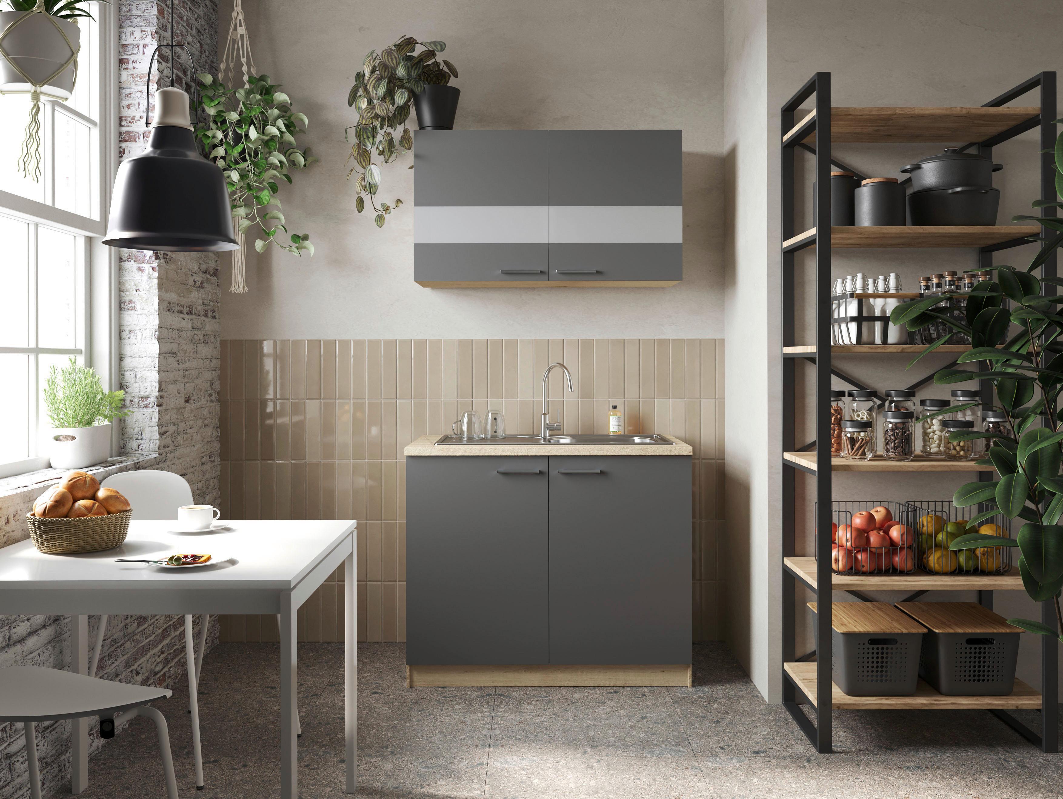 Miniküche Merle Grau/Eiche Dekor B:100cm - Eichefarben/Grau, Basics, Glas/Holzwerkstoff (100cm) - Respekta
