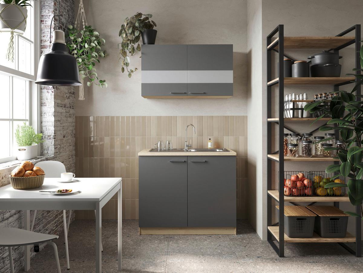 Miniküche Merle Grau/Eiche Dekor B:100cm - Eichefarben/Grau, Basics, Glas/Holzwerkstoff (100cm) - Respekta