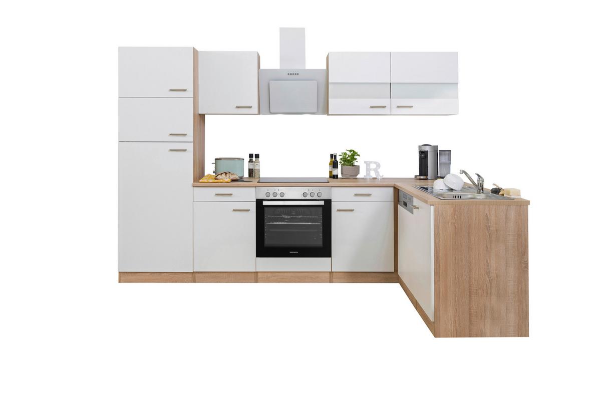 Eckküche Economy mit Geräten 172x280 cm Weiß/Eiche Dekor - Eichefarben/Weiß, Basics, Glas/Holzwerkstoff (280/172cm) - Respekta
