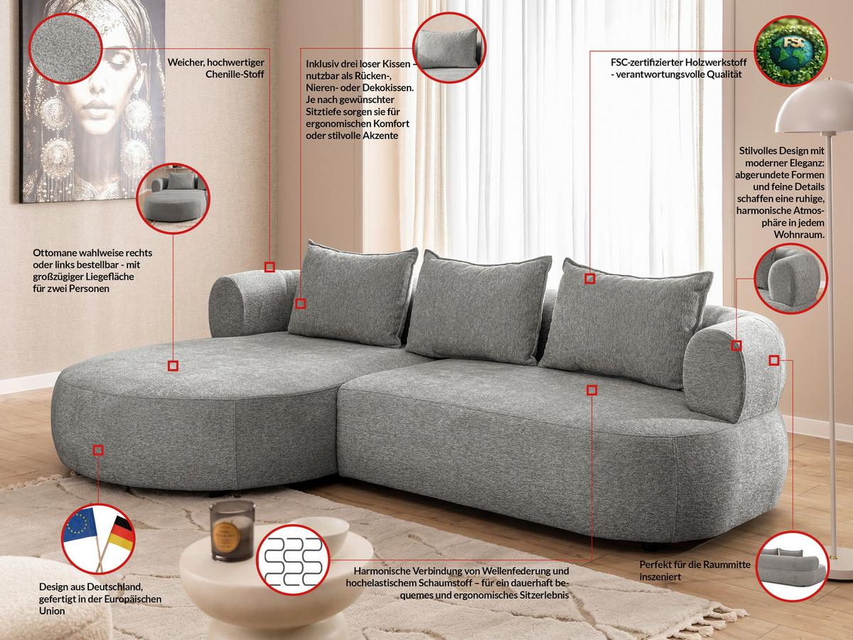 Ecksofa Ferro Grau S: 156x256 Cm - Schwarz/Grau, Design, Textil (156/256cm) - Livetastic