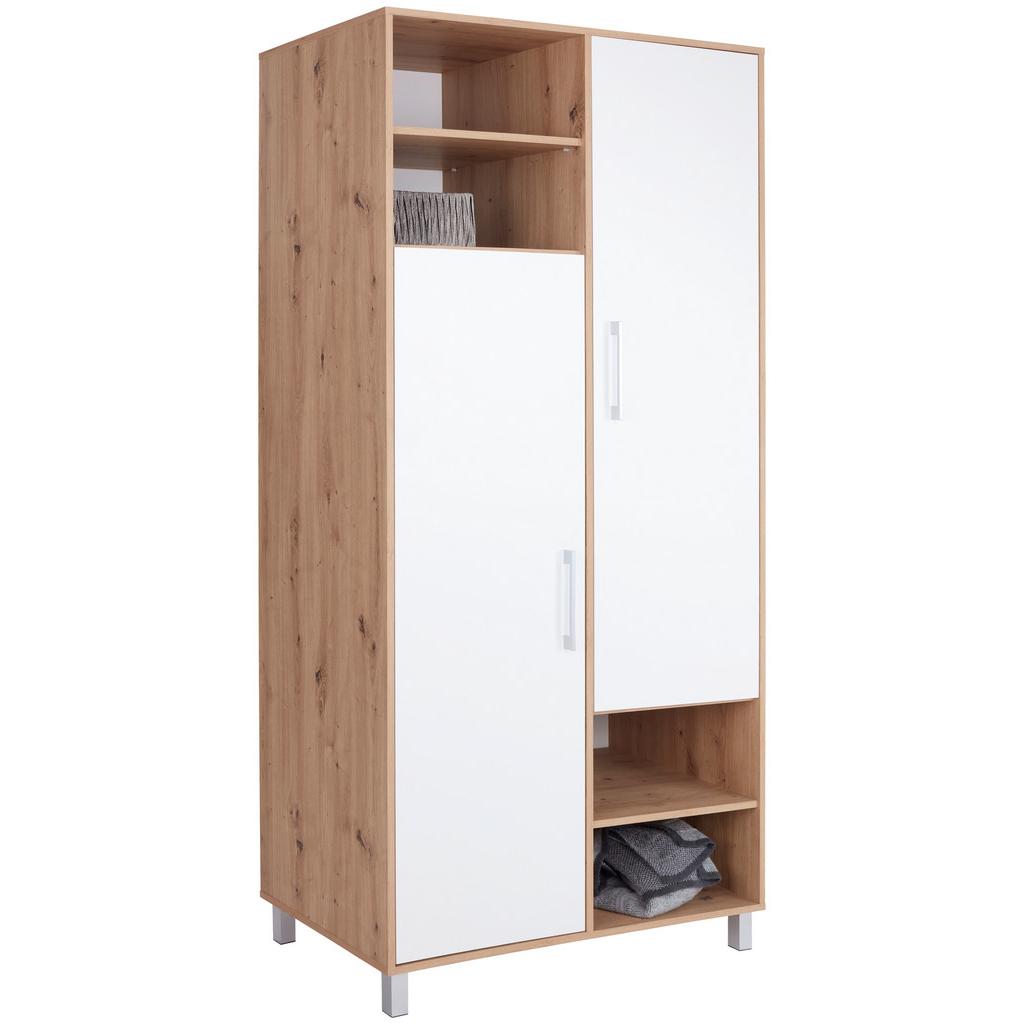 Kleiderschrank mit Fächern 98cm Box, Weiß/Eiche Dekor