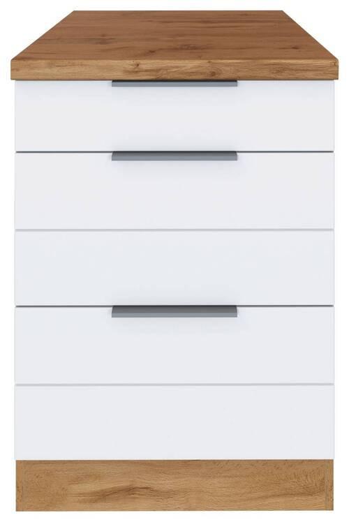 Weißer Küchenunterschrank mit stapazierfähiger Arbeitsplatte in Eiche Dekor