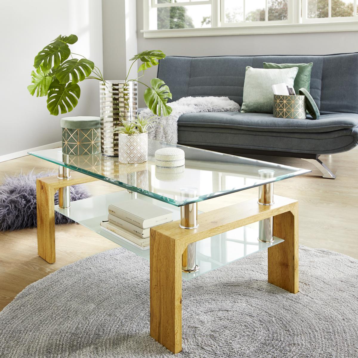 Sofa Tisch mit Ablage aus Eiche Massivholz Sicherheitsglas von