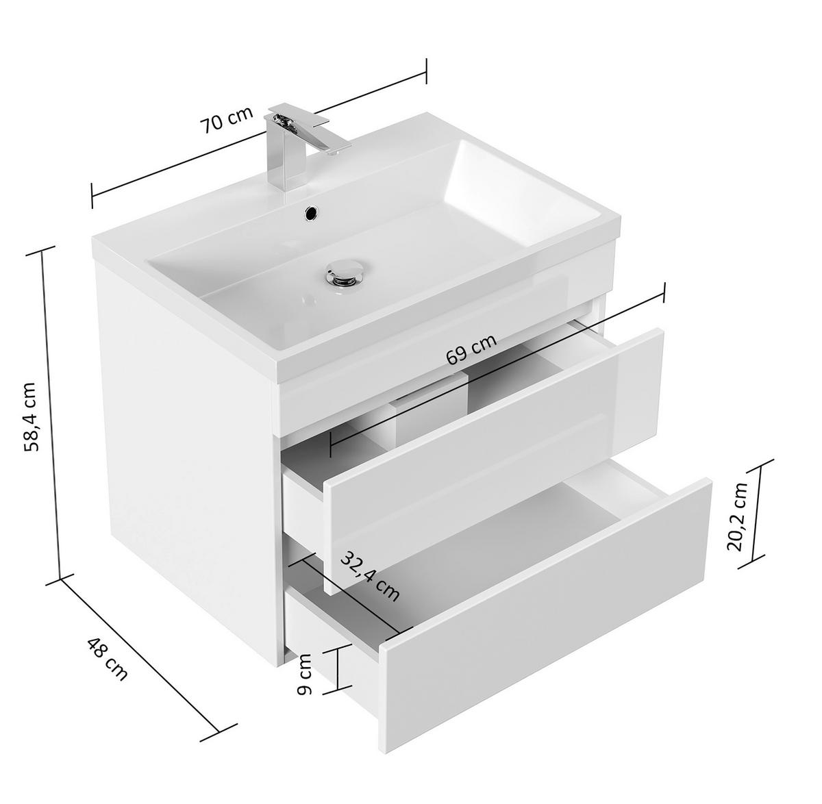 WASCHTISCHKOMBI Fellini, Weiß HG B: 60cm - Weiß Hochglanz/Weiß, Basics, Holzwerkstoff/Stein (70cm) - MID.YOU