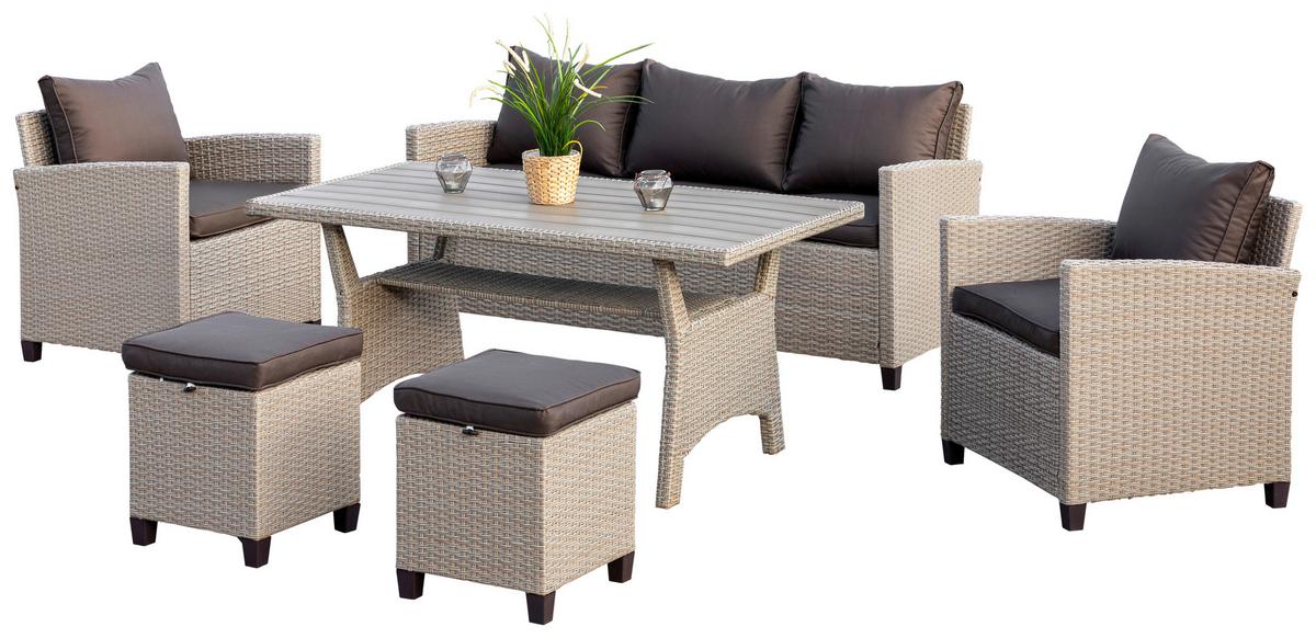 Loungegarnitur 16-Tlg. Striano inkl. Kissen - Dunkelbraun/Naturfarben, KONVENTIONELL, Kunststoff/Textil (172/75/65cm) - Gardenson