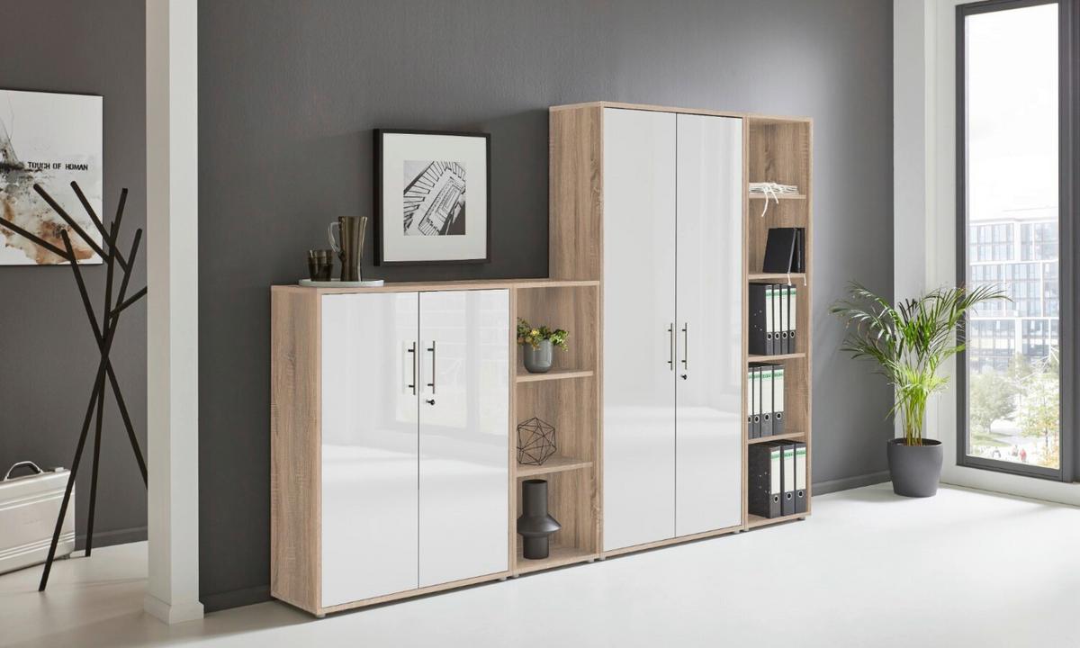 Büro Office Edition Eiche Dekor/weiß Hochglanz - Weiß Hochglanz/Sonoma Eiche, MODERN, Holzwerkstoff/Metall - MID.YOU