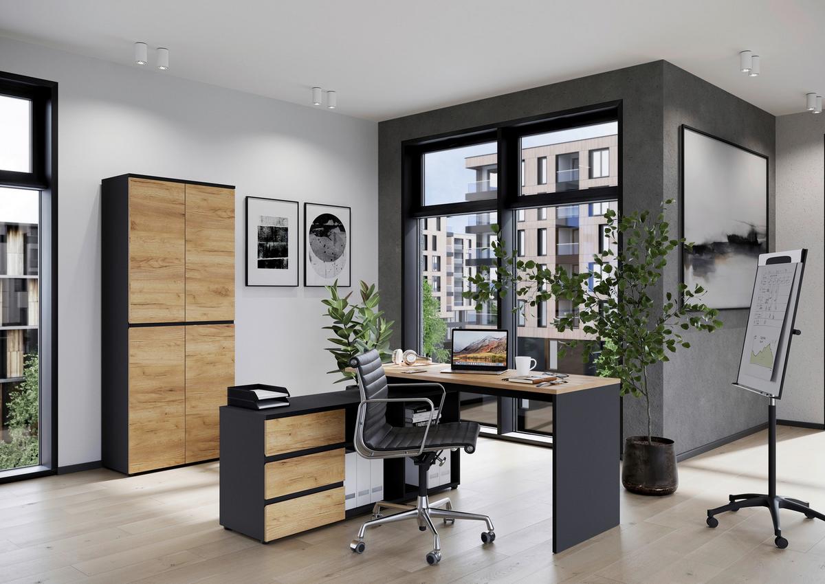 Eckschreibtisch Mit Stauraum B 146 Cm H 75 Cm Lissabon - Eichefarben/Graphitfarben, MODERN, Holzwerkstoff (146/75/145cm) - Germania