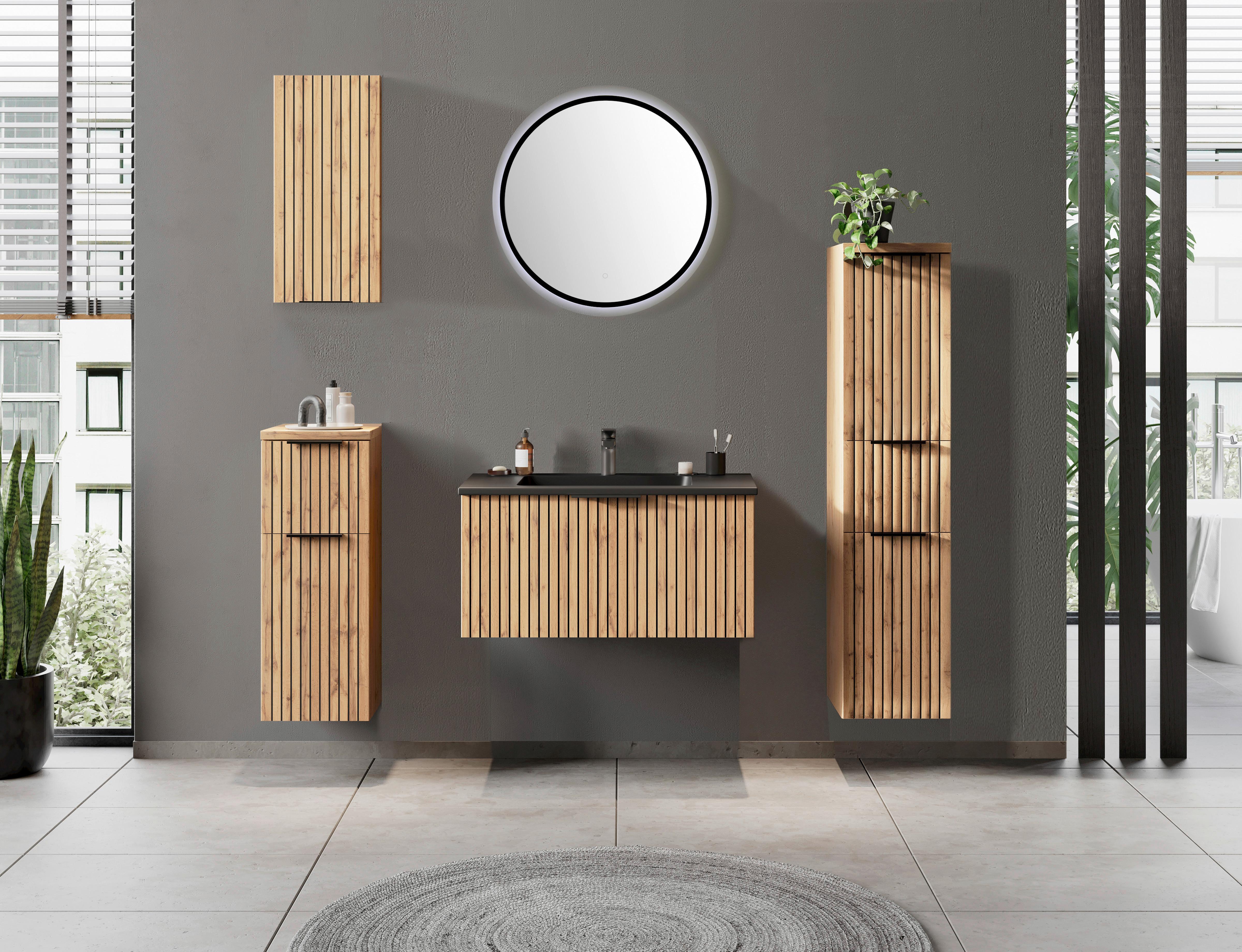 Waschbecken mit Unterschrank Chester B: 80 cm - Eiche Wotan/Schwarz, MODERN, Holzwerkstoff/Stein (80cm) - Held