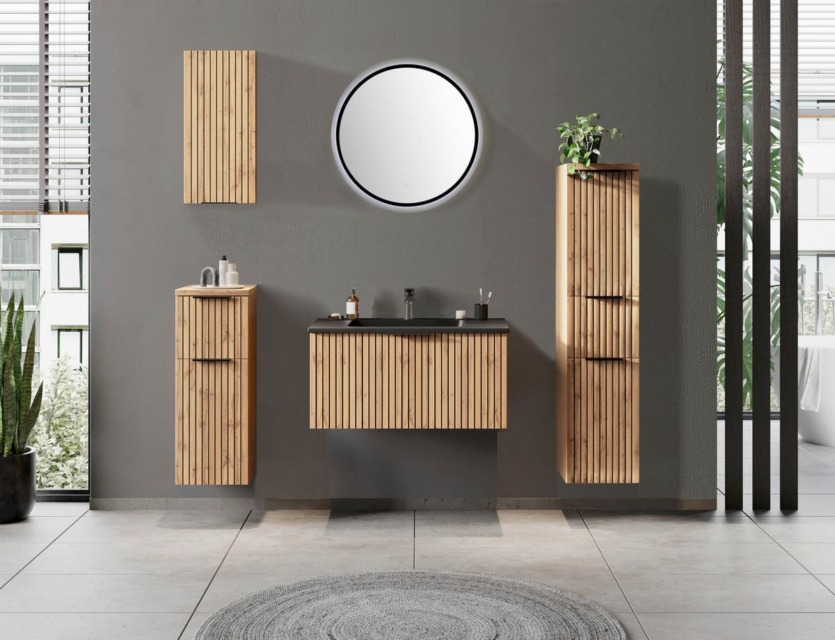 Waschbecken Mit Unterschrank Chester B: 80 Cm - Eiche Wotan/Schwarz, MODERN, Holzwerkstoff/Stein (80cm) - Held