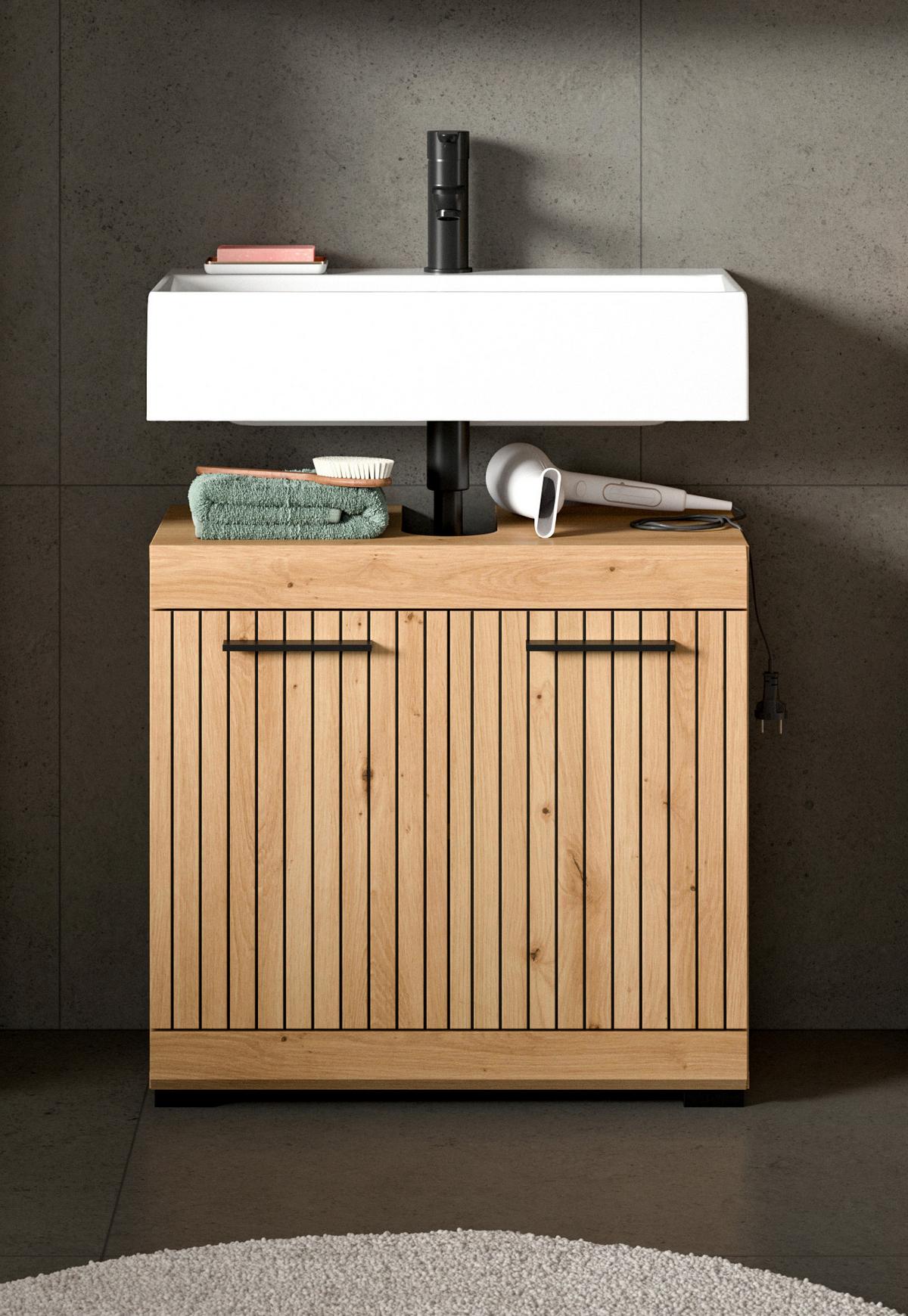 Waschbeckenunterschrank Scout Eiche Artisan Dekor B: 60cm - Schwarz/Eiche Artisan, Trend, Holzwerkstoff (60/56/34cm) - MID.YOU