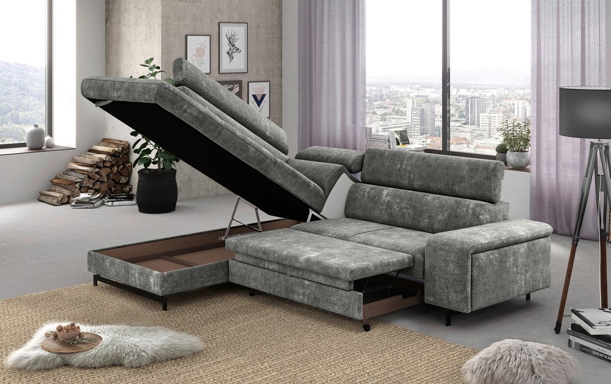 Ecksofa mit Bettkasten Emma Grau 215x262 cm - Schwarz/Grau, Textil (215/262cm) - MID.YOU