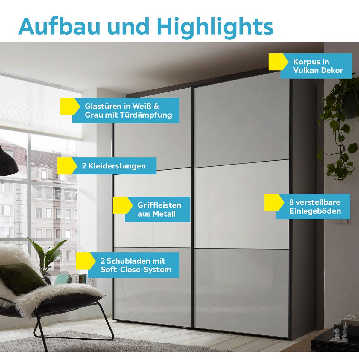 Schwebetürenschrank Glasfront 188 Cm Includo, Hellgrau/weiß - Dunkelgrau/Hellgrau, MODERN, Glas/Holzwerkstoff (188/222/68cm)