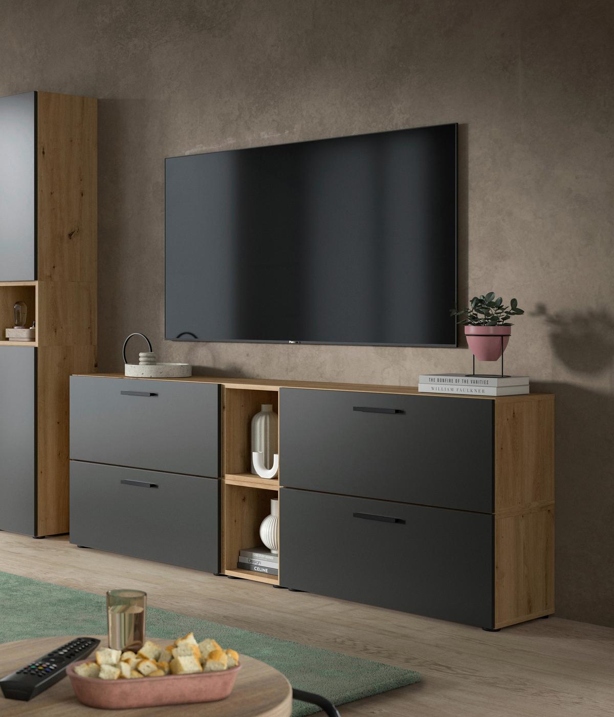Wohnwand, The One 6, B: 176 cm Grau/Artisan Eiche Dekor - Schwarz/Eiche Artisan, Trend, Holzwerkstoff (176/67/34cm)