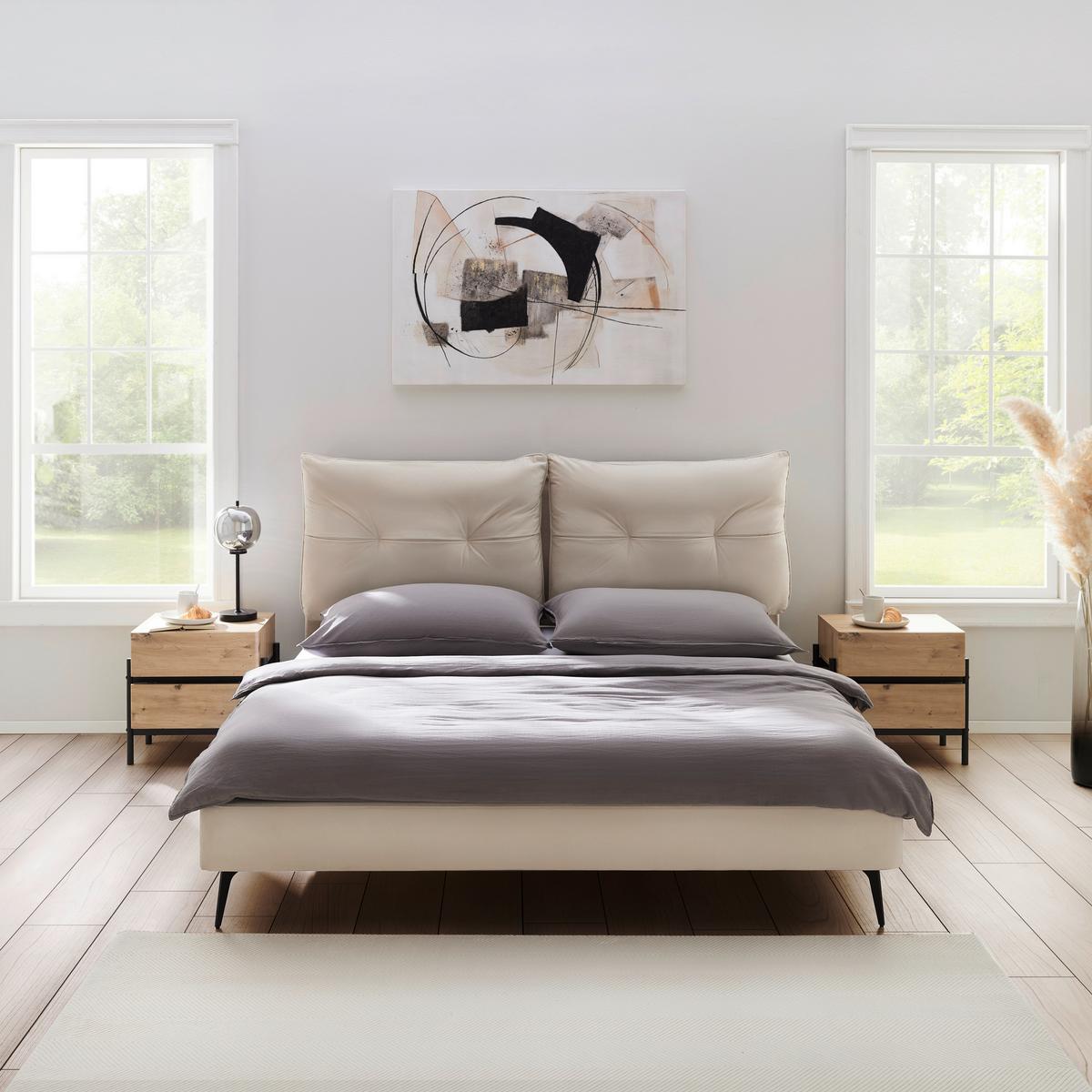 Čalouněná postel MALEA 180x200 cm, béžová - černá/přírodní barvy, Moderní, kov/dřevo (180/200cm) - Bessagi Home