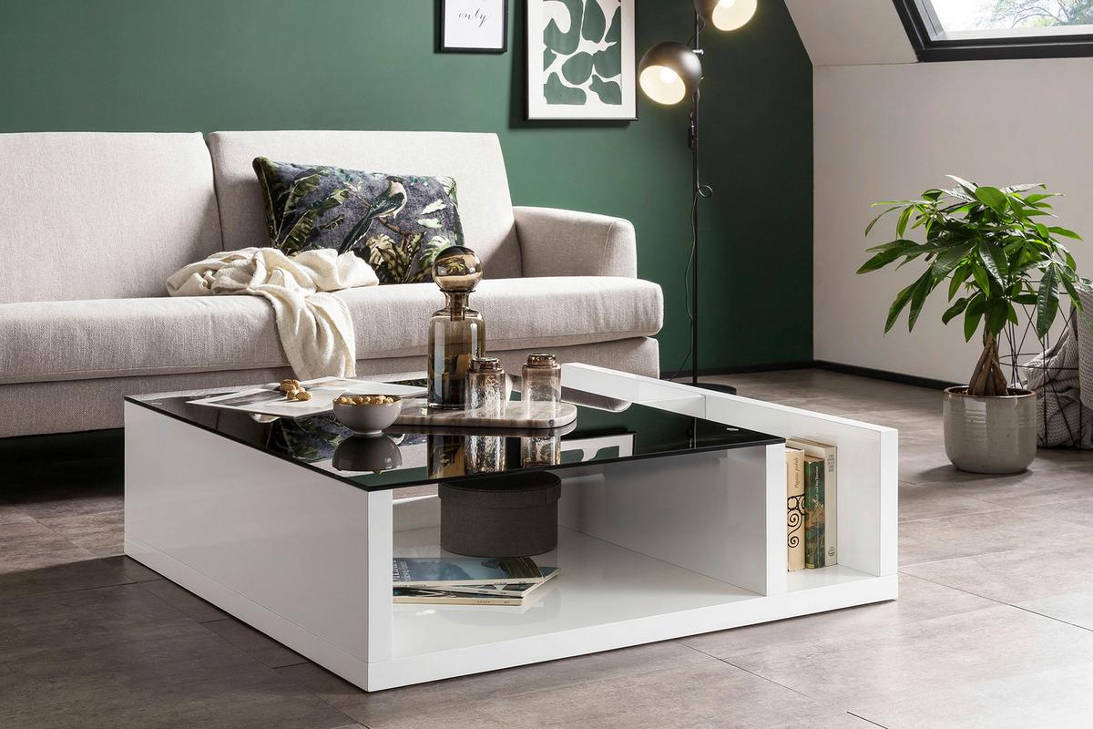 Couchtisch Schwarz/weiß Hochglanz L:100cm - Weiß Hochglanz/Schwarz, Design, Glas/Holzwerkstoff (100/100/30cm) - Livetastic