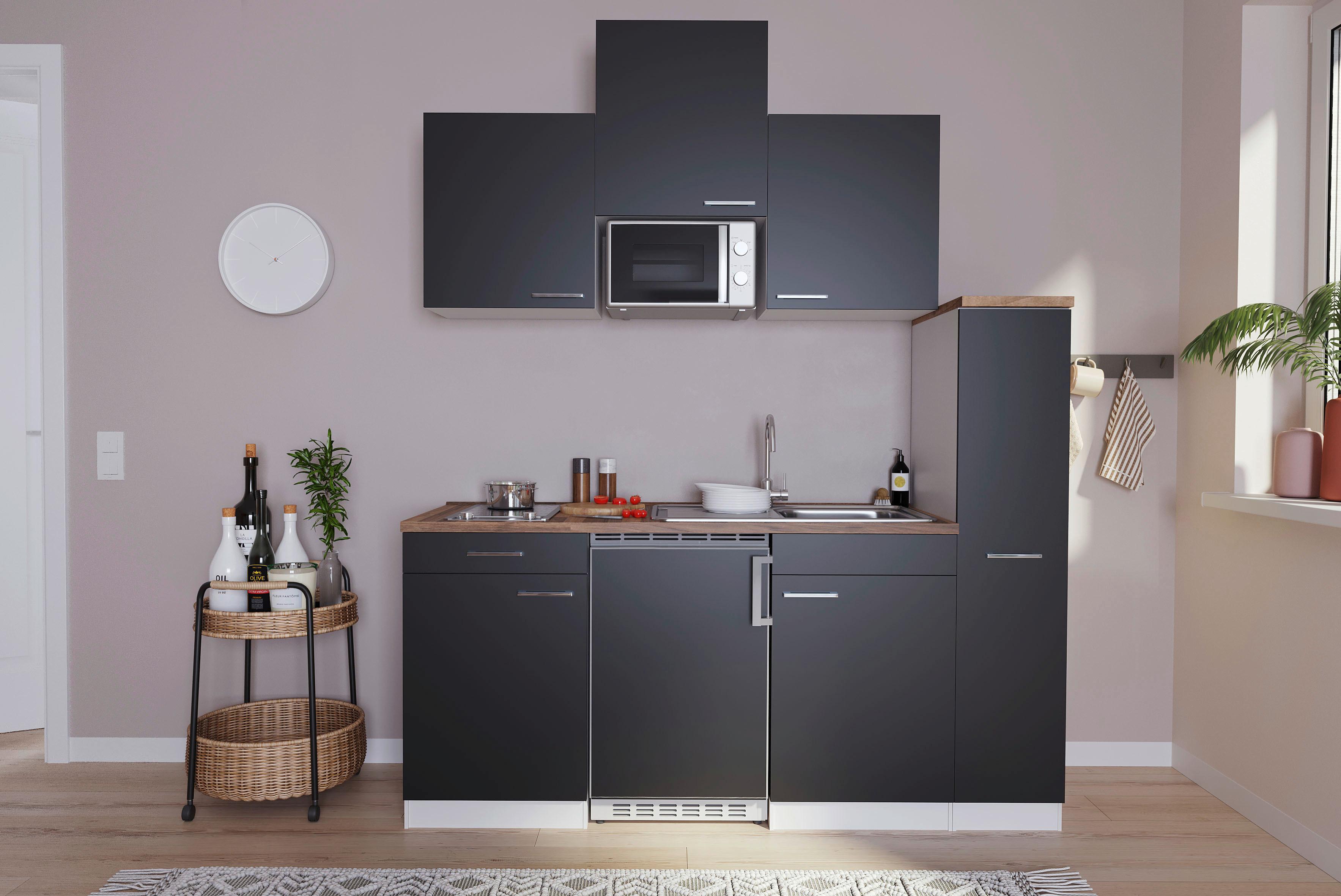 Küchenzeile Economy m. Geräten 180 cm Schwarz/Nussbaum Dekor - Nussbaumfarben/Schwarz, Basics, Holzwerkstoff (180cm) - Respekta
