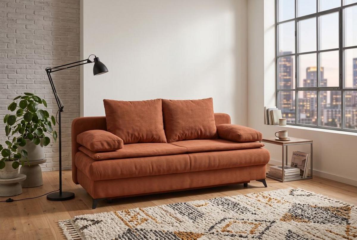 Rozkladacia pohovka KEN, hrdzavá - oranžová/čierna, Konventionell, kompozitné drevo/textil (209/105cm) - Based