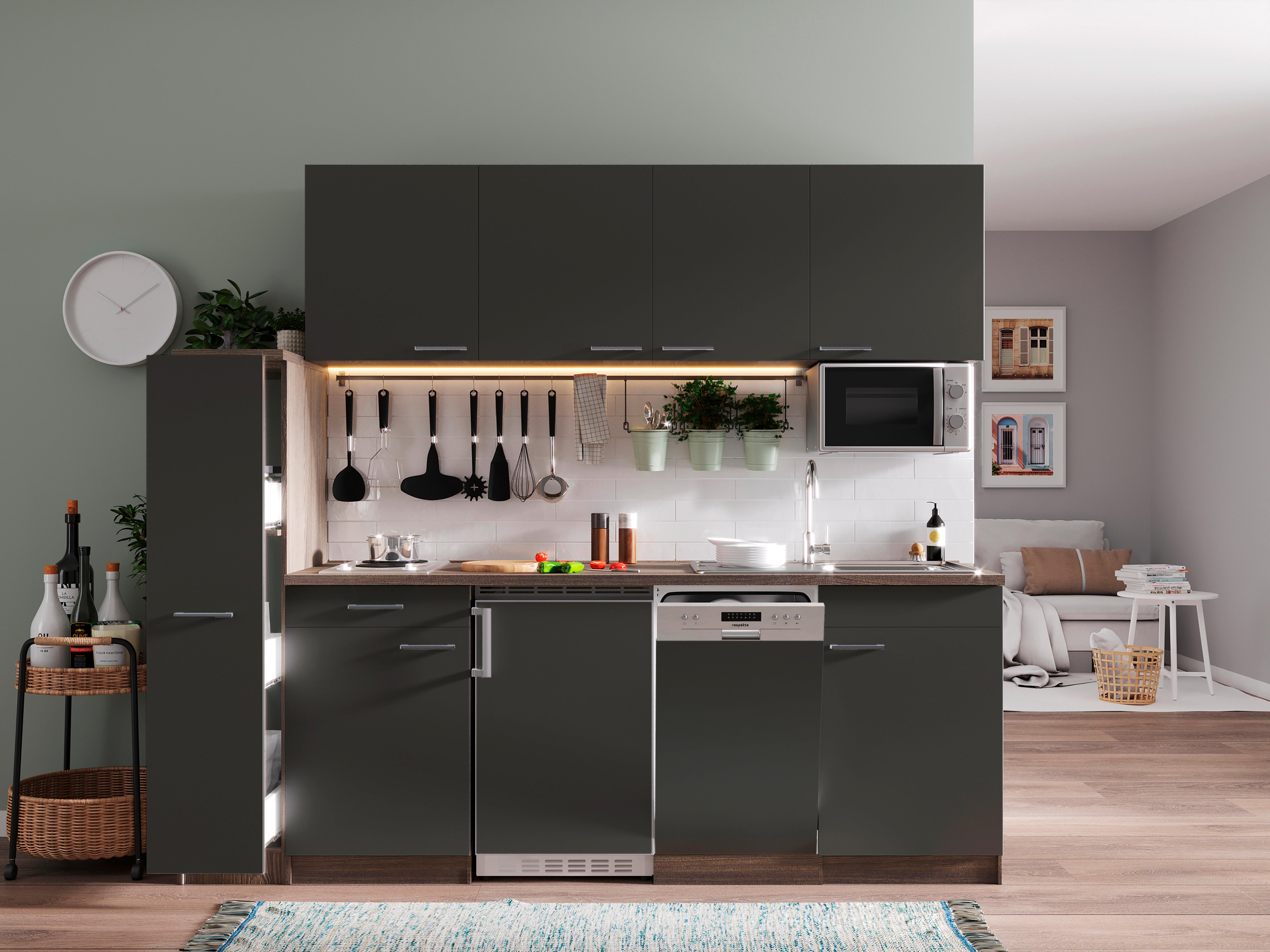 KÜCHENBLOCK OLIVER SINGLEKÜCHE 225 CM - Eichefarben/Grau, Basics, Holzwerkstoff (225cm) - Respekta