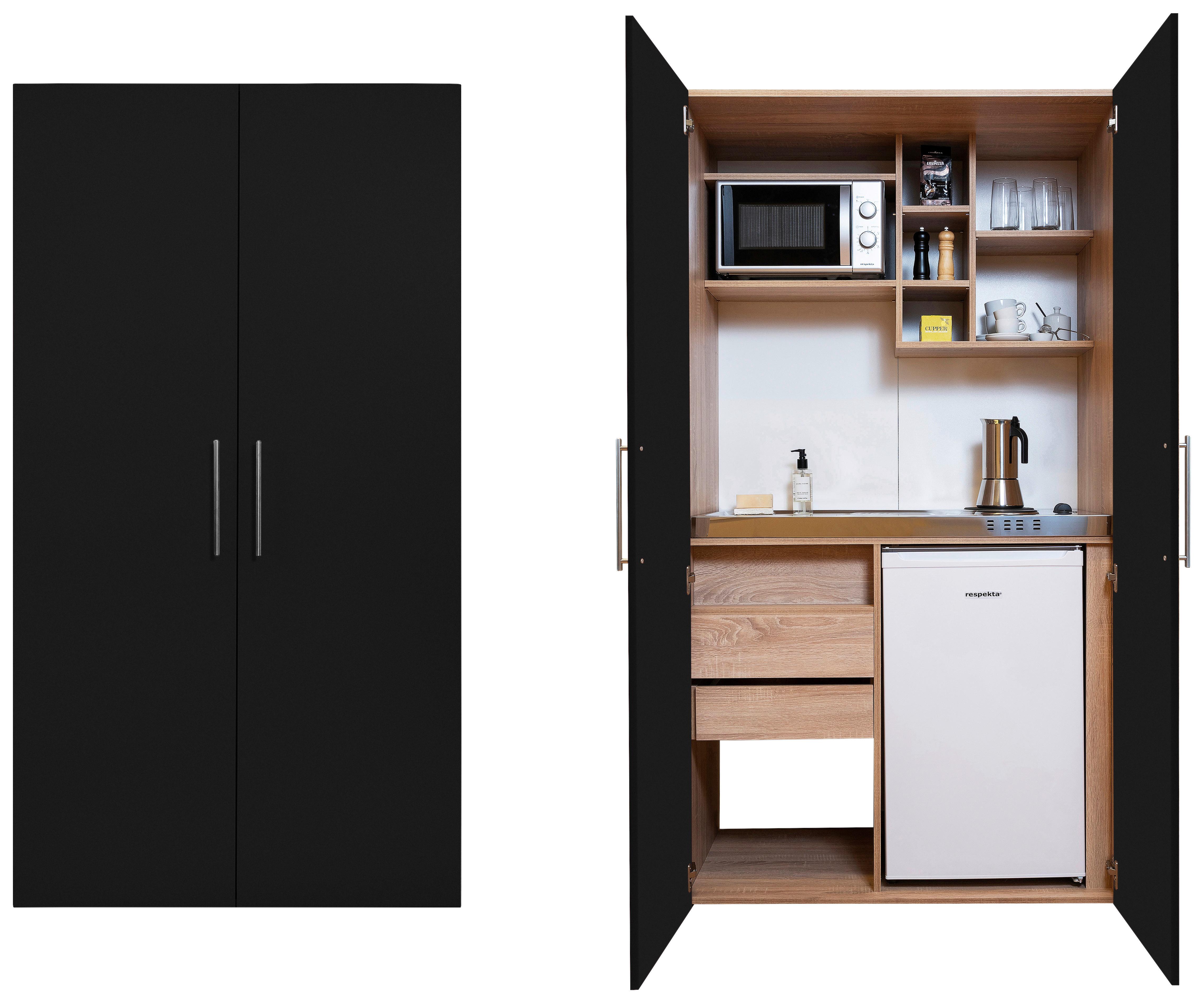 Schrankküche mit Kühlschrank + Kochfeld 104 cm Schwarz - Edelstahlfarben/Eichefarben, KONVENTIONELL, Holzwerkstoff/Metall (104/193/67cm) - Respekta