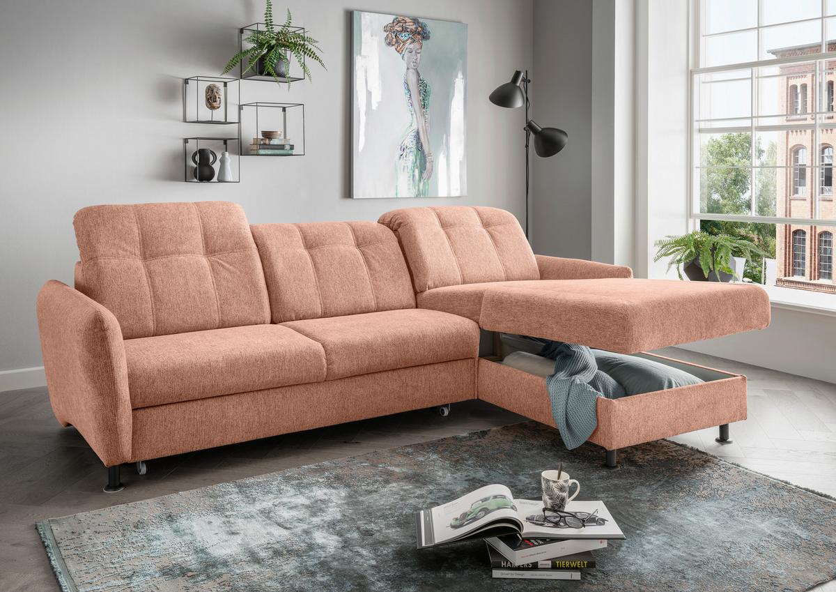 Ecksofa Minori Chenille Koralle, S: 267x184 cm - Koralle/Schwarz, MODERN, Textil (267/184cm) - Livetastic