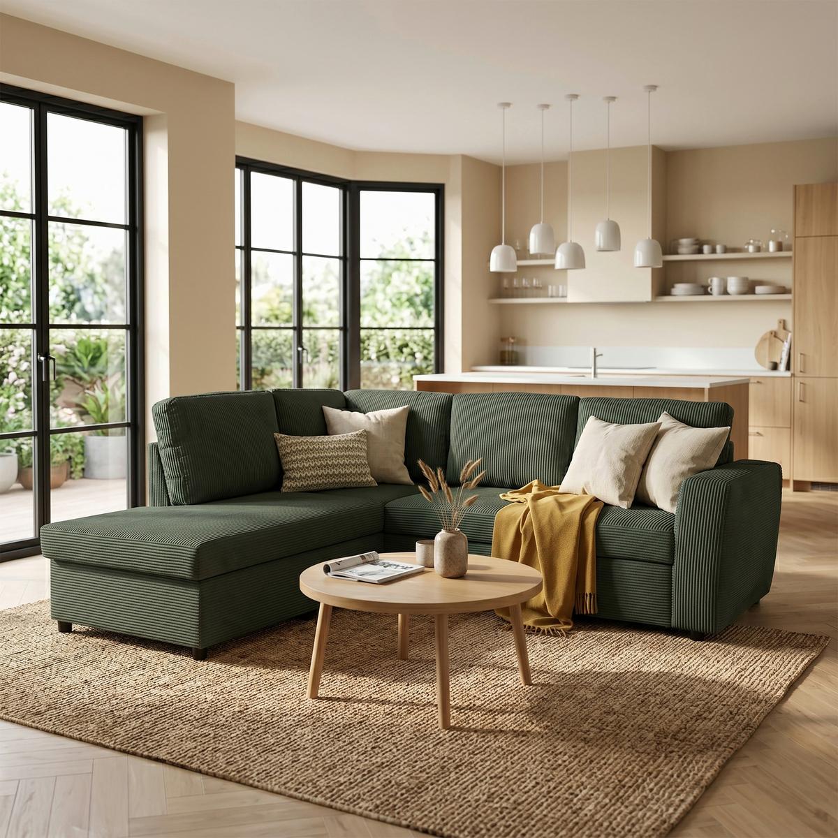 Ecksofa mit Schlaffunktion Toulouse Cord grün, 206x224cm - Schwarz/Grün, Trend, Holz/Textil (206/224cm)