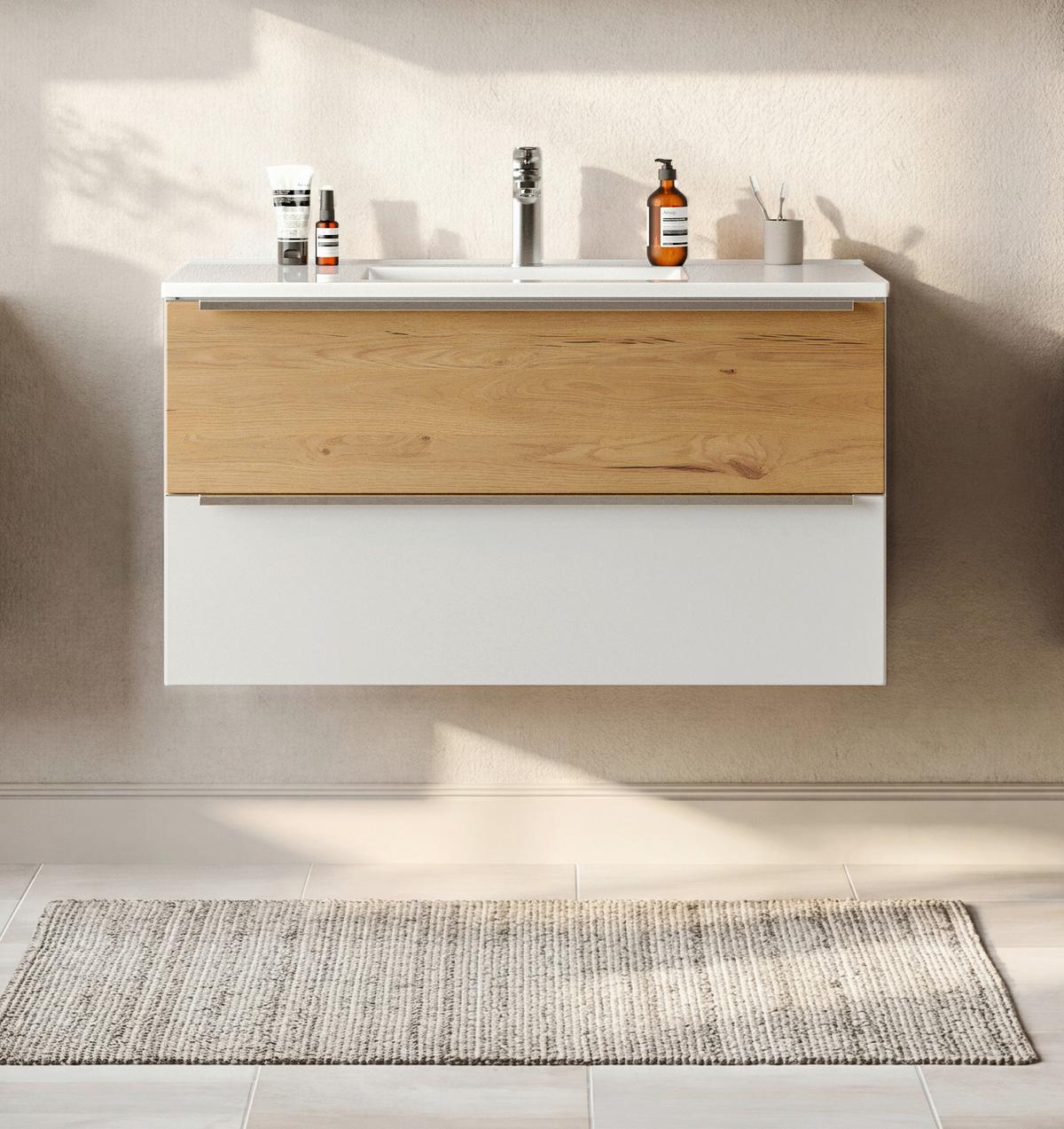 WASCHTISCHKOMBI Verona Weiß/Wildeiche B: 100cm - Wildeiche/Weiß, Trend, Holzwerkstoff/Stein (100/54/47cm) - Held