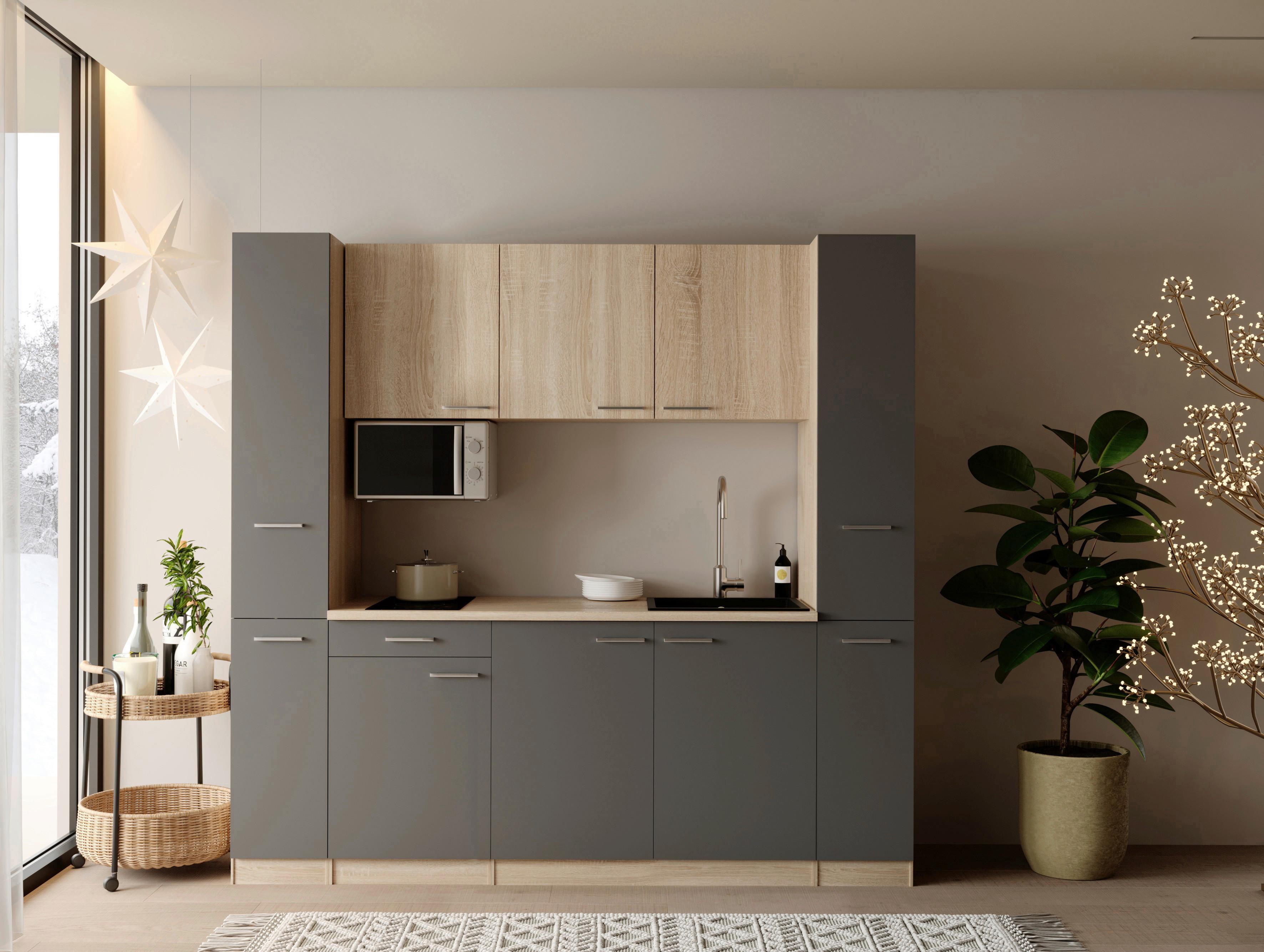 KÜCHENBLOCK Ingrid, Grau B: 210 cm - Eichefarben/Grau, Design, Holzwerkstoff (210cm) - Respekta