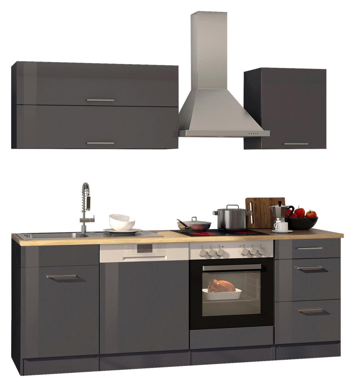 Küchenzeile Mailand mit Geräten 220 cm Anthrazit Hochglanz - Eichefarben/Anthrazit, MODERN, Holzwerkstoff (220cm) - Held
