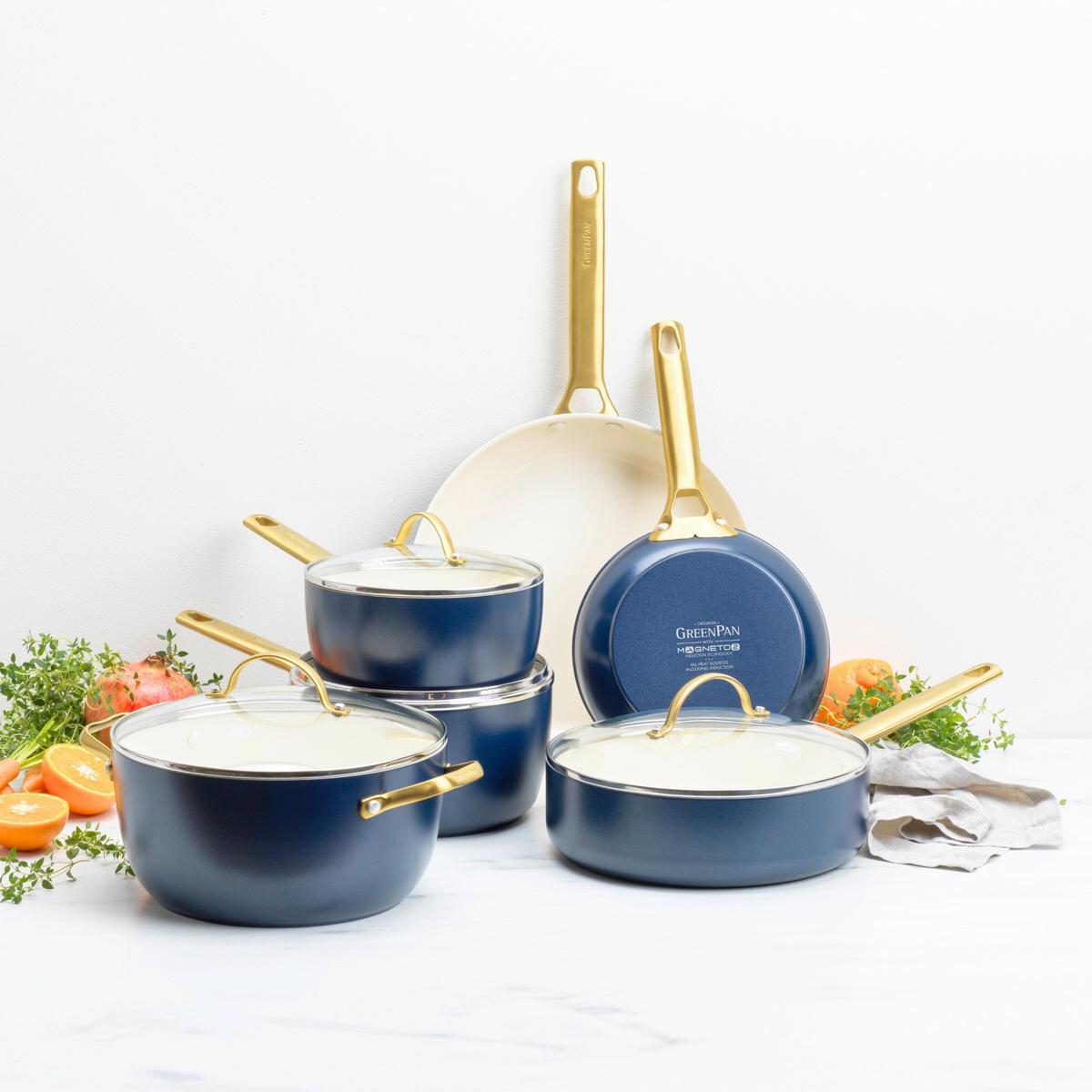 Kochtopfset 6-Teilig. dunkelblau/Weiß/Gold - Goldfarben/Weiß, Basics, Glas/Metall - GreenPan