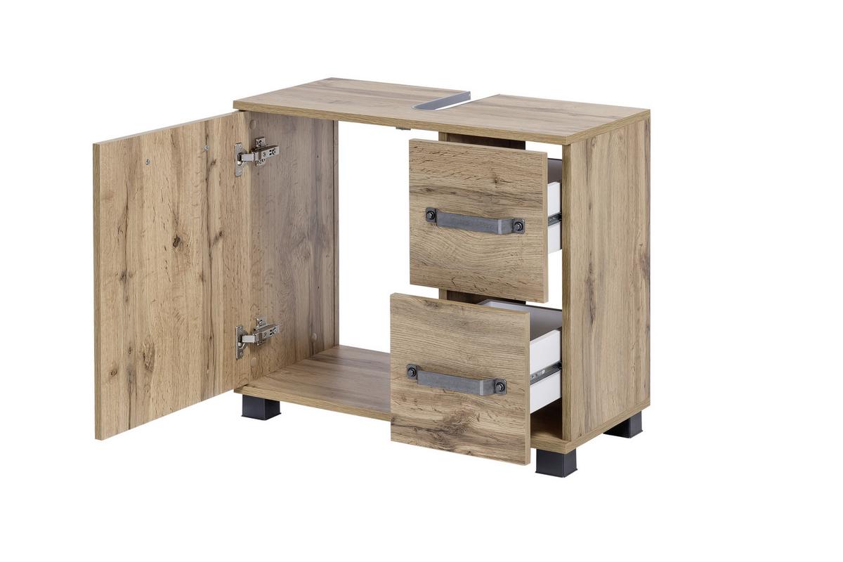 Waschbeckenunterschrank Milan B: 65,1 cm Eiche Dekor - Eichefarben/Schwarz, KONVENTIONELL, Holzwerkstoff (65,1/59/32cm) - MID.YOU