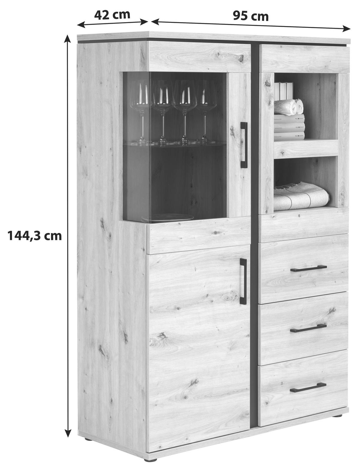 VITRÍNA NATURE - barvy dubu/černá, Konvenční, kov/kompozitní dřevo (95/144,3/42cm)