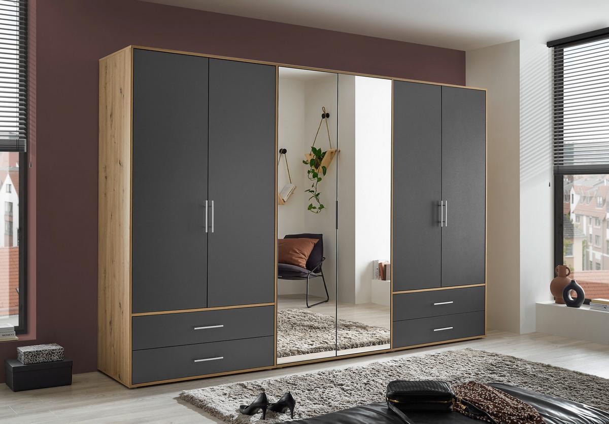 Kleiderschrank Velas, Eiche Artisan, Graphit , B: 302 Cm - Graphitfarben/Eiche Artisan, KONVENTIONELL, Glas/Holzwerkstoff (305/207/58cm)
