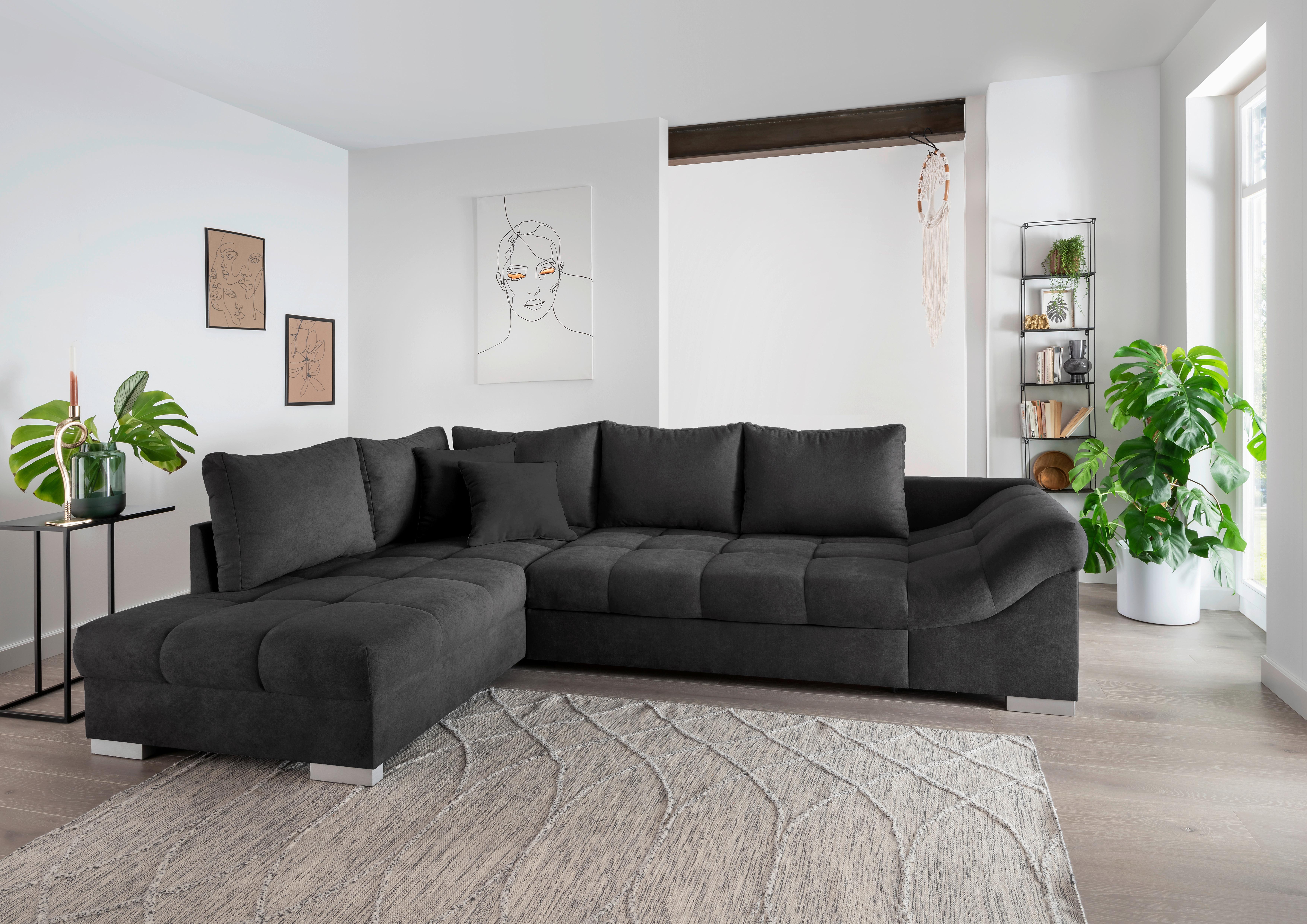 Eckschlafsofa Alvito Schwarz S: 202/298 cm - Silberfarben/Schwarz, Design, Textil (202/298cm) - MID.YOU